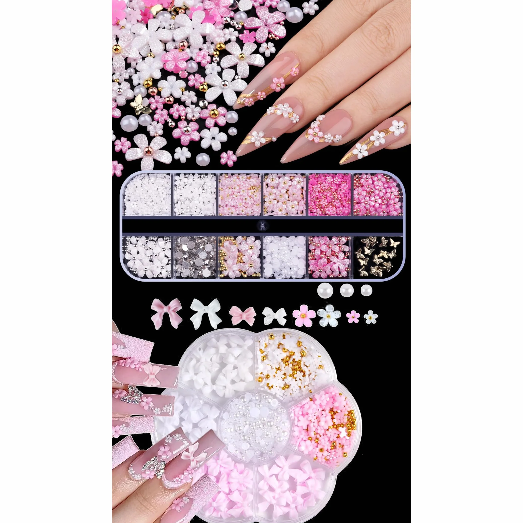Boîtes de breloques pour ongles 3D nœud fleur demi-perle roses pailletées accessoires manucure loisirs créatifs