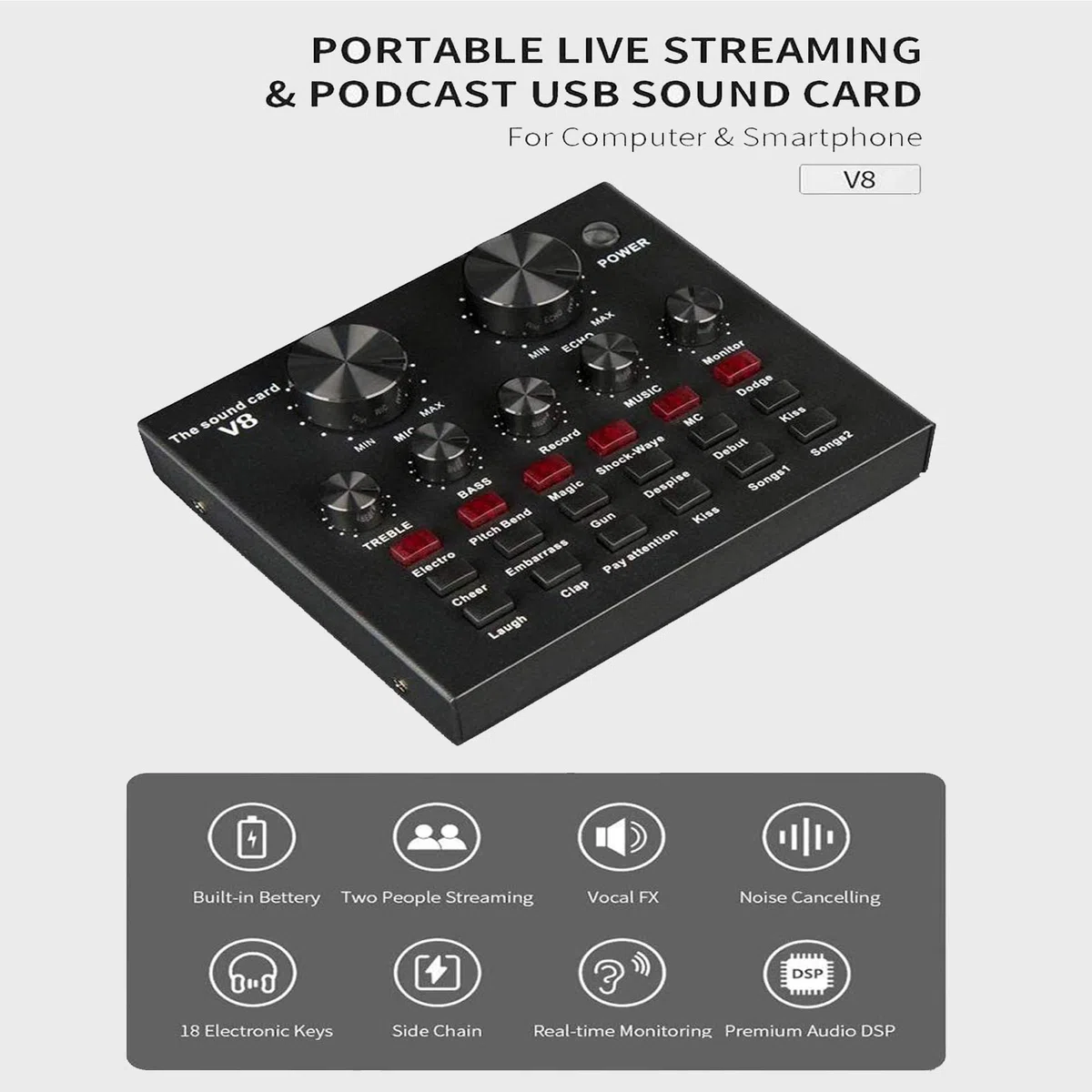 Carte Son multifonctionnelle en Direct, Ensemble de Microphones pour Carte Son, Ensemble de Microphones en métal de Diffusion, Support réglable, 12 Effets sonores de Fond