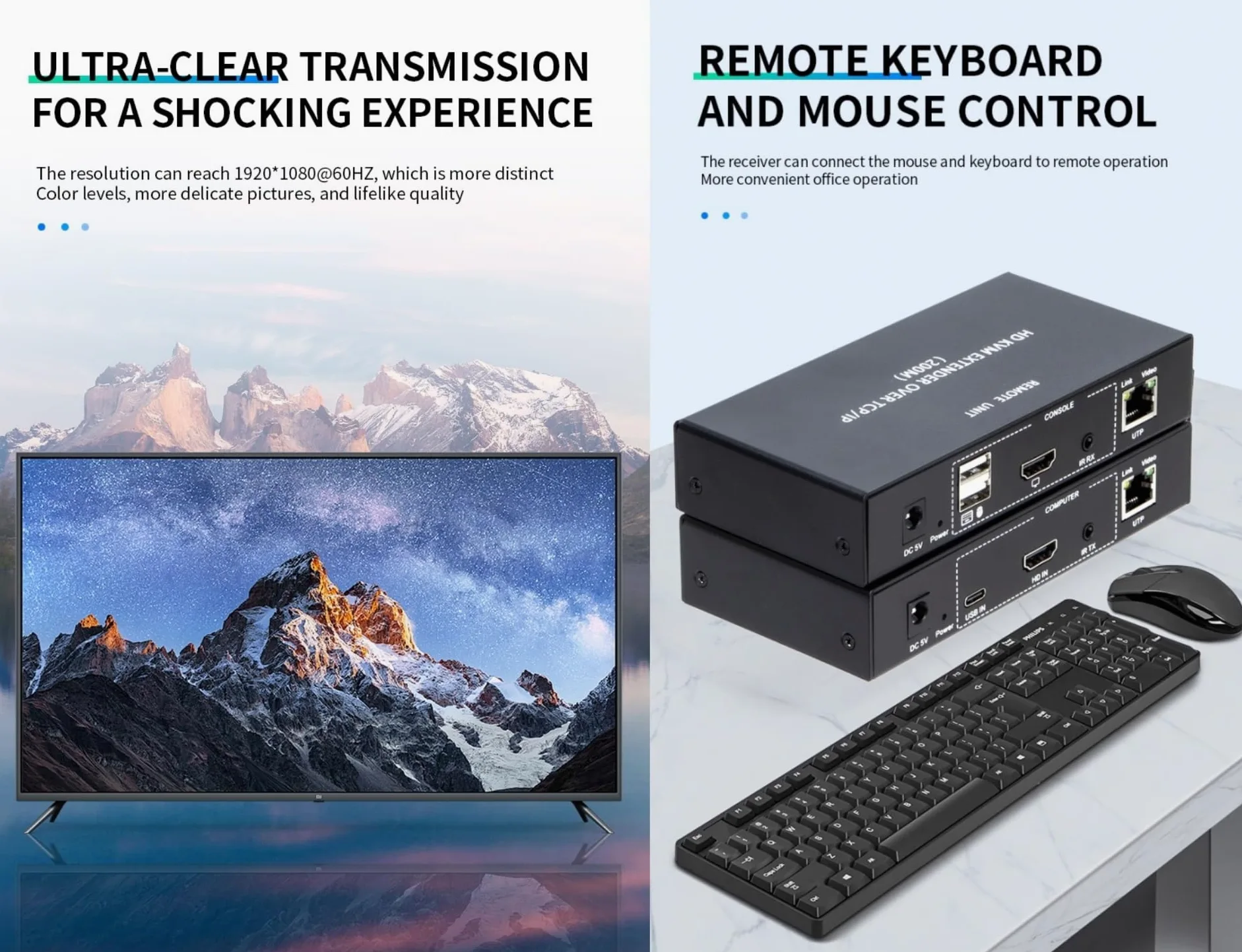 Câble réseau KVM HD 200 m TCP/IP CAT5E/6 Câble réseau 1080p HDMI/DVI Transmission Plug and Play TCP/IP Contrôle multi-appareils Prend en charge un vers un et un à plusieurs