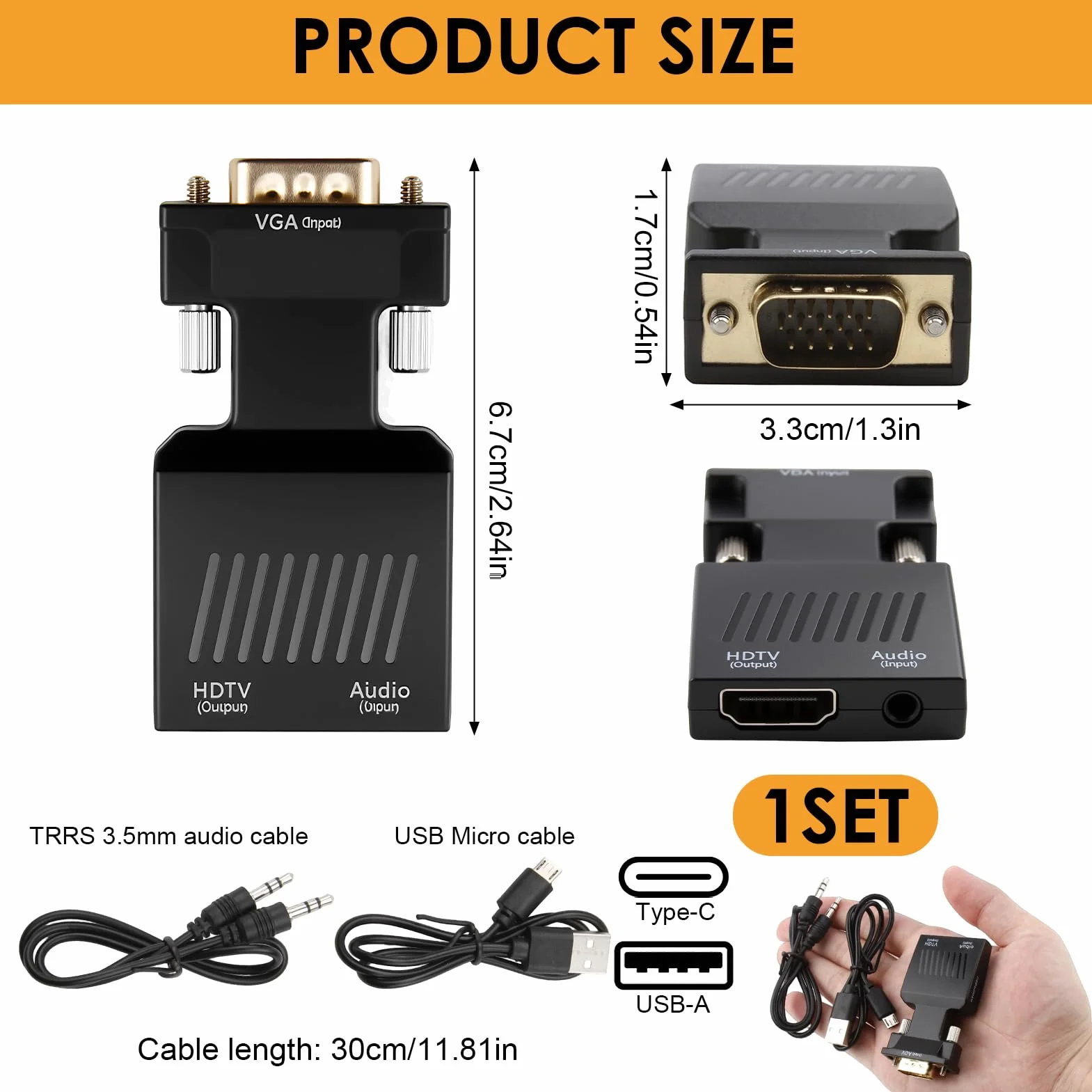 Adaptateur VGA vers HDMI Mâle Femelle Convertisseur 1080p Audio pour PC TV HDTV