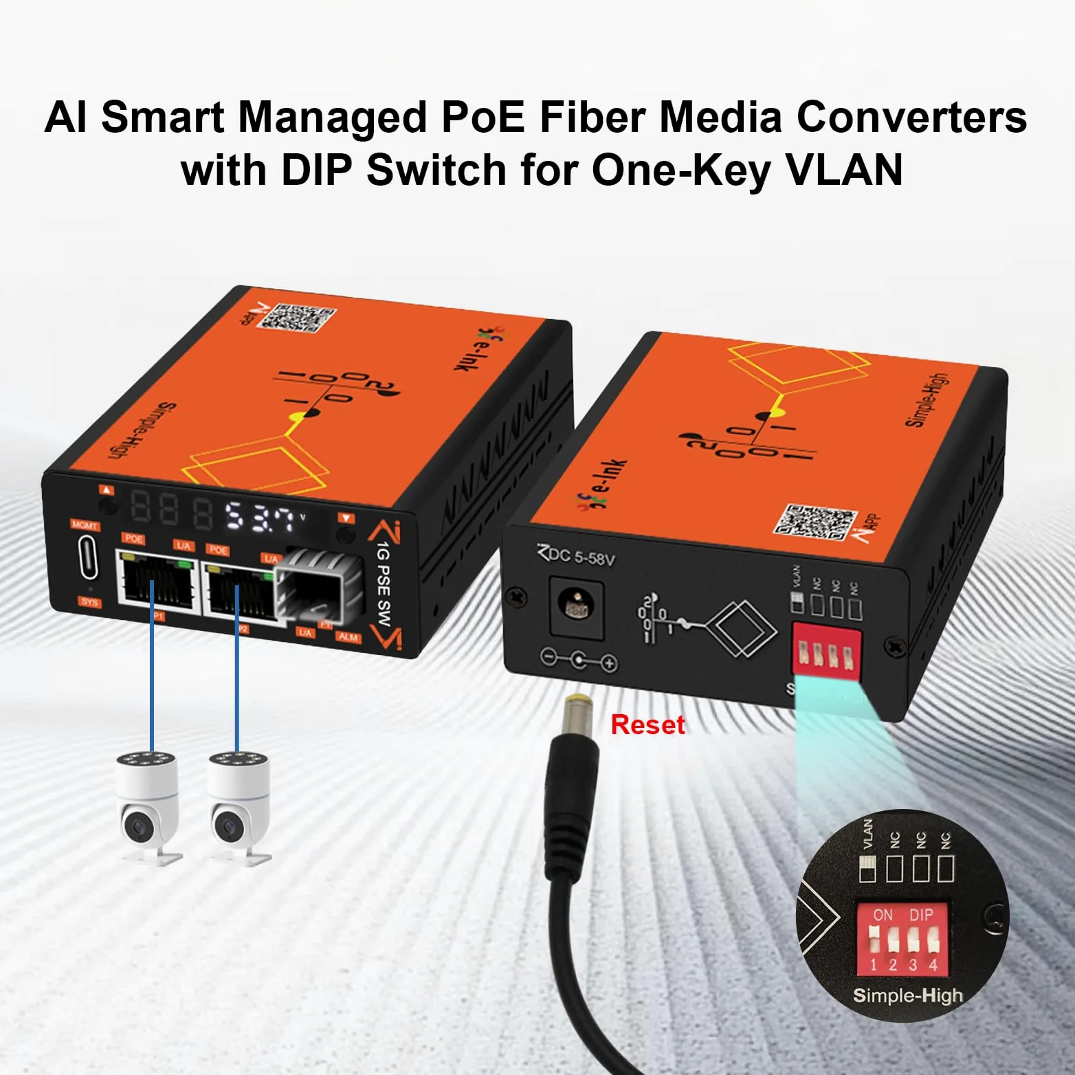 Convertisseur de média en fibre PoE 30 W géré intelligemment visualisé, 10/100/1000 Mbps, 2 × PoE RJ45 1 × SFP, écran LED, DIP VLAN, contrôle APP/Web, alarme DDM, pour autoroute, transport ferroviaire