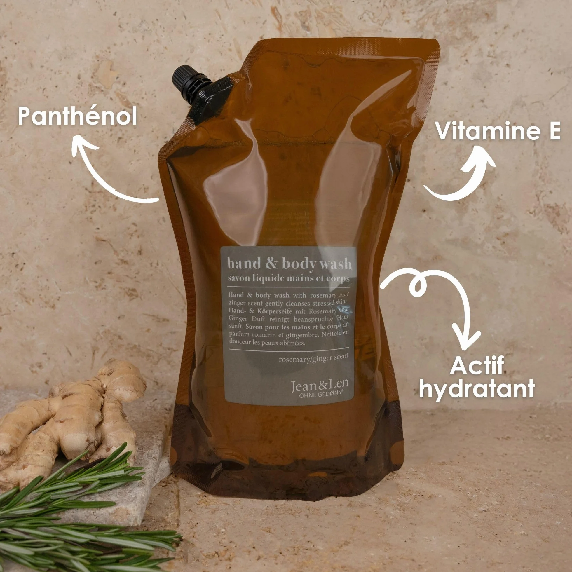 Jean & Len Hand & Body Wash Rosemary et Ginger éco-recharge 1,5 L savon liquide sans silicones parabènes