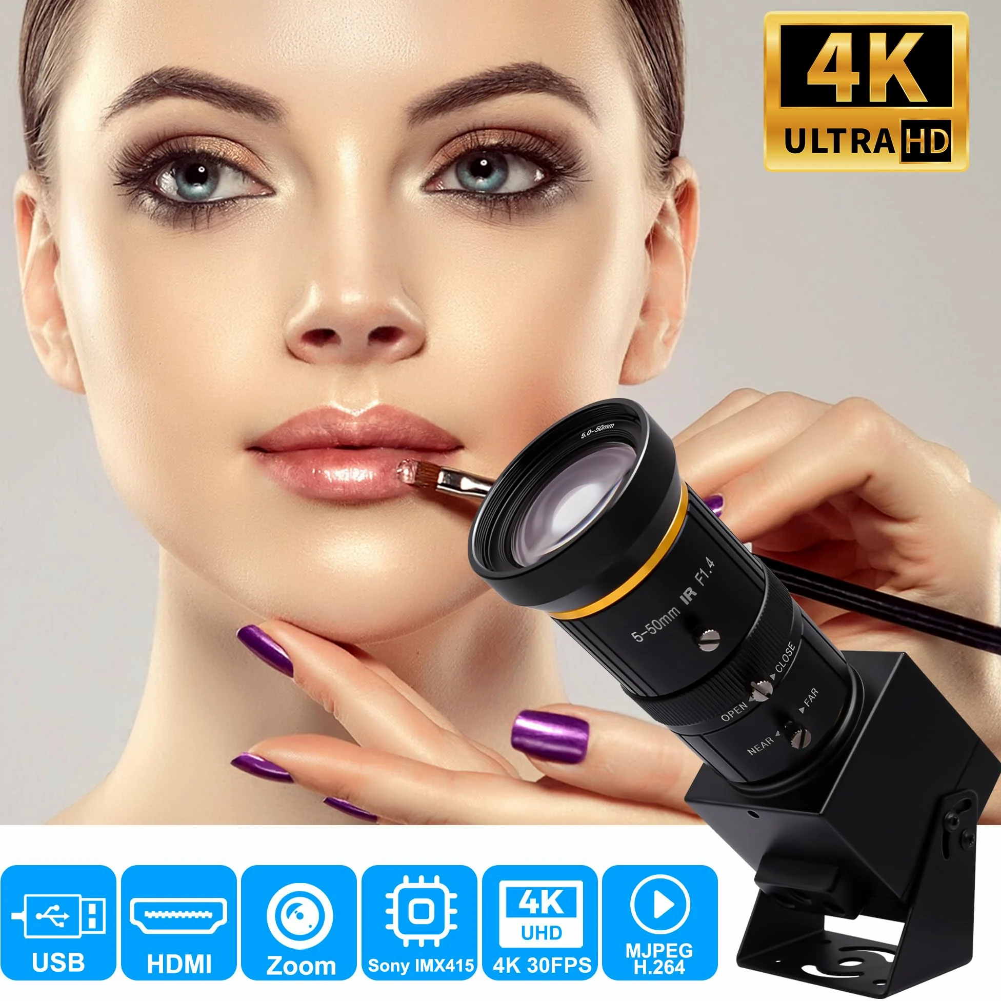 SVPRO Caméra HDMI USB 4K avec téléobjectif 5-50 mm, zoom optique 10x, mise au point manuelle en streaming, webcam H.264, caméra industrielle microscope pour PC/moniteur/TV/projecteur