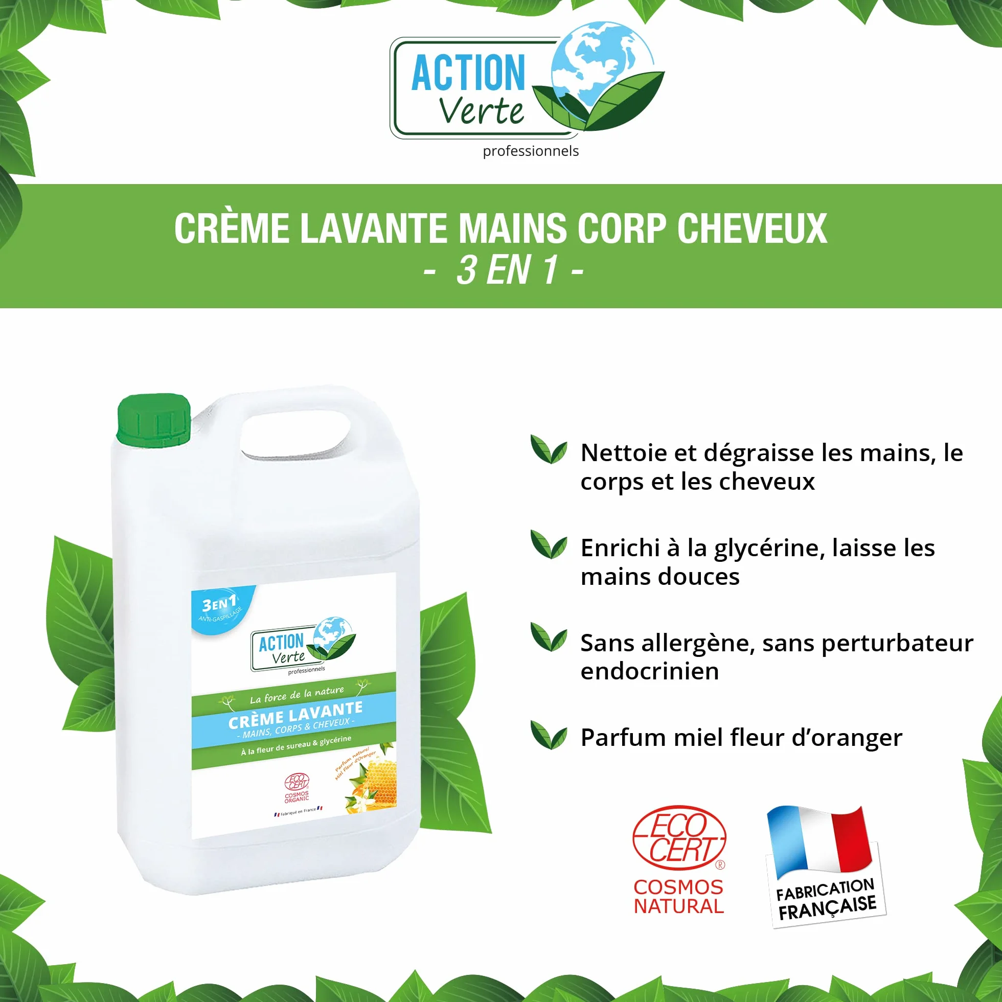 Crème lavante 5L Ecocert naturelle parfum fleur d'oranger et miel Fabrication française