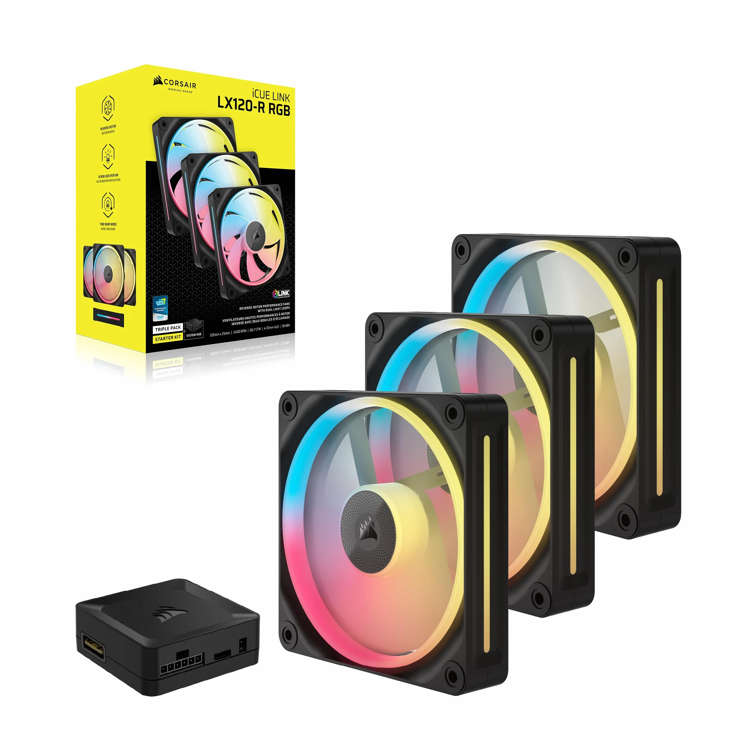 CORSAIR iCUE Link LX120-R RGB 120mm PWM Ventilateur Inversés Kit Triple Faible Bruit Double Boucle Lumineuse Noir
