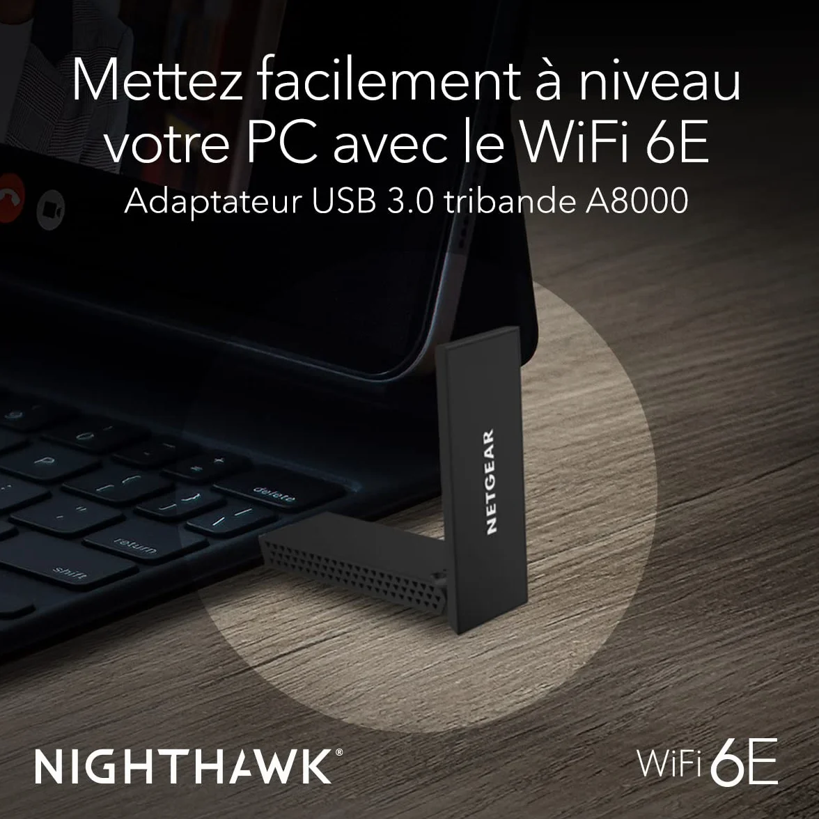 NETGEAR Nighthawk Clé WiFi USB A8000 Adaptateur USB Ethernet WiFi 6E AXE3000 Dongle WiFi sans Fil pour PC