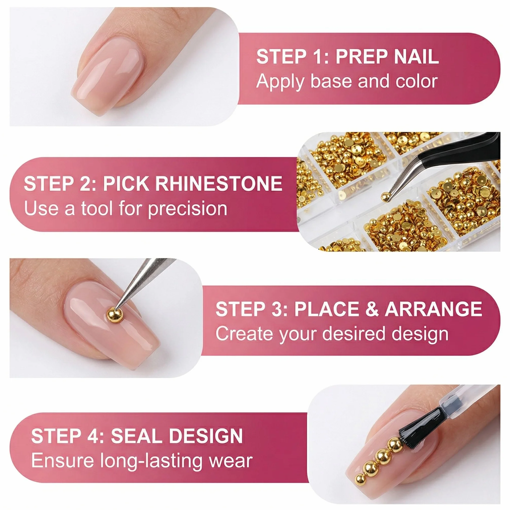 Boîte 3D Flatback Perle Ongle Or, Strass Nail Art Demi-Rondes Métal pour Décoration Ongle