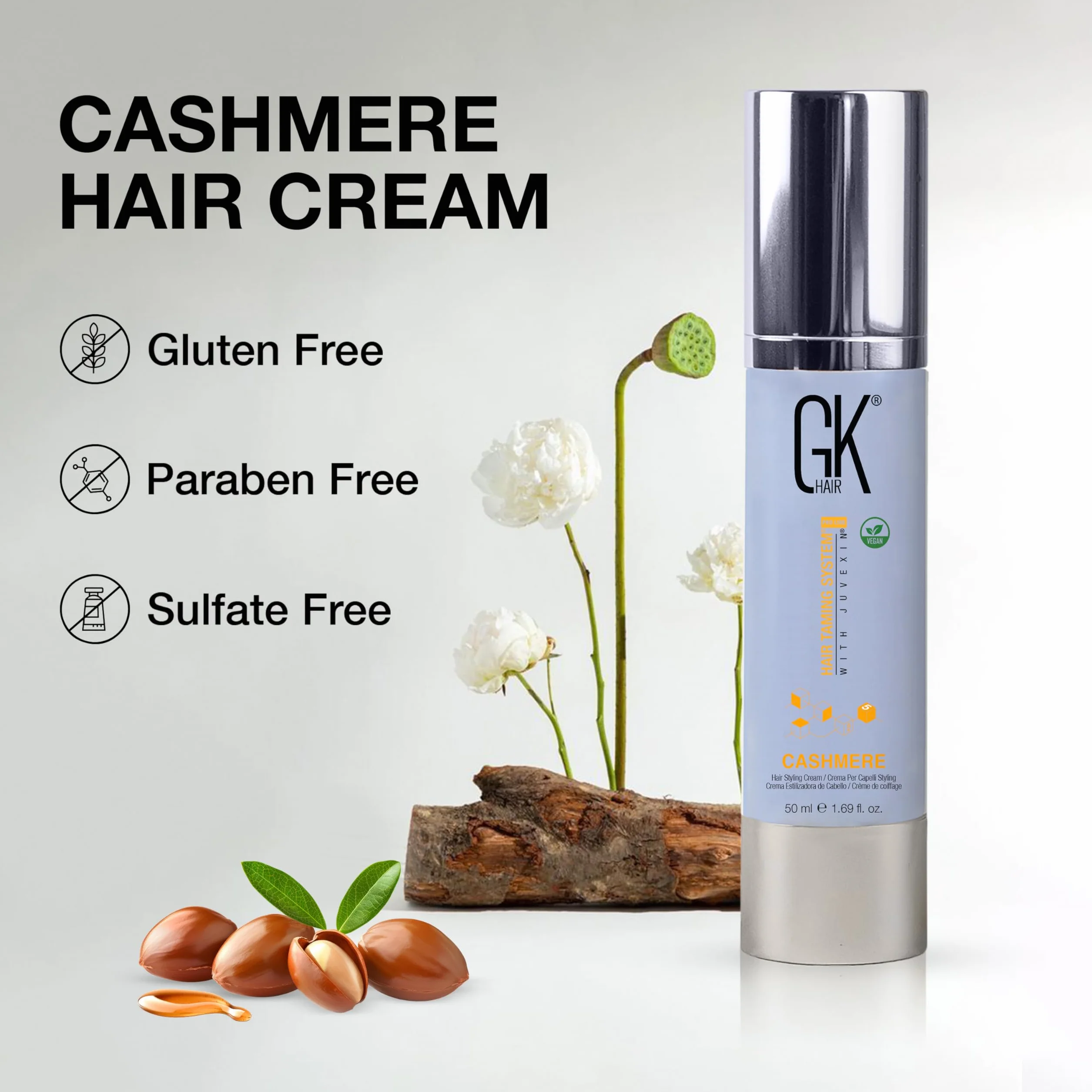 GK HAIR Global Keratin Leave in Cashmere Hair Smoothing and Styling Cream 50ml Huile d'argan anti-frizz réparation hydratante
