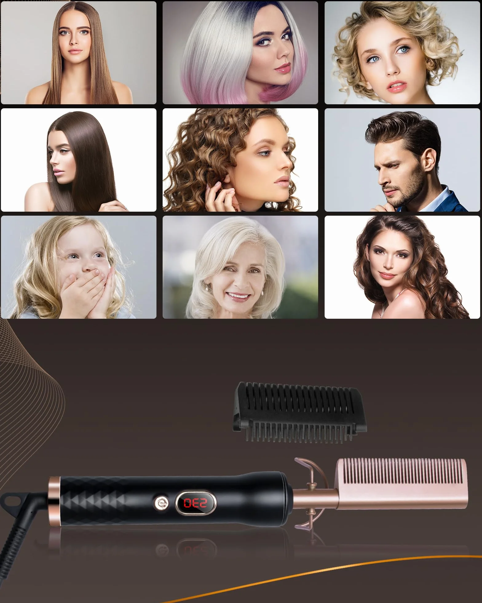 Peigne Chauffant Cheveux Afro Lisseur Hot Comb Écran LCD 120-230℃ Céramique Arrêt Automatique