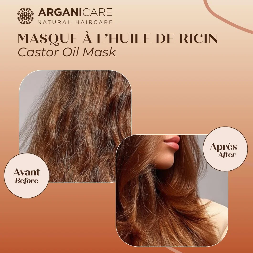 ARGANICARE Masque Cheveux Huile de Ricin Bio & Argan 500 ml – Soin Hydratant Réparateur Anti-Casse pour Cheveux Secs et Abîmés