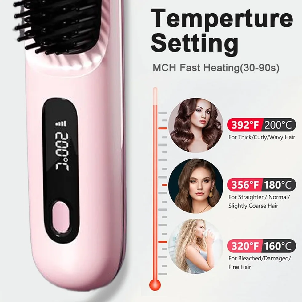 Brosse à Cheveux électrique sans fil Rechargeable Chauffante avec affichage LED 3 Niveaux de Température Lisser Boucler Rose