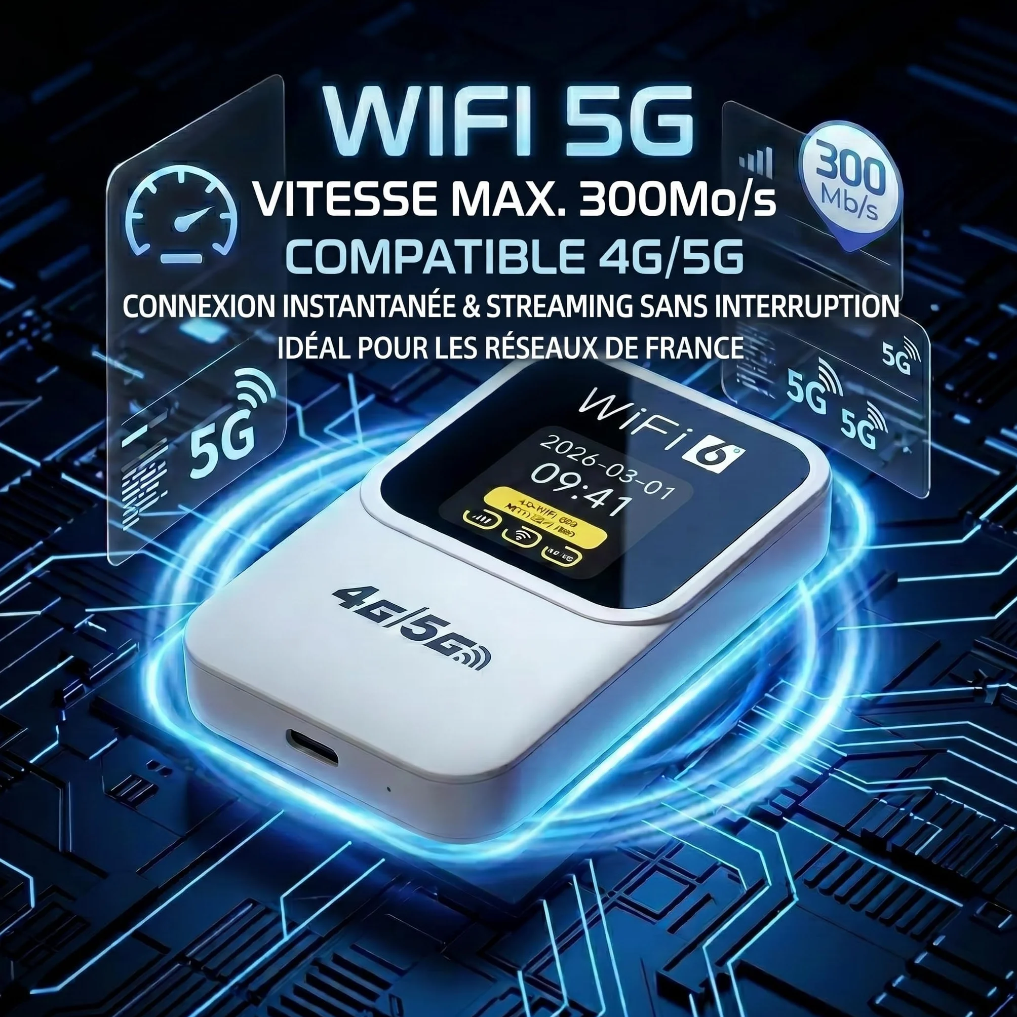 Routeur 5G Portable, SIM Libre, Écran LCD Date, 3000mAh, 32 Appareils | WPA3 sécurisé,Internet nomade 300Mbps WiFi 6,32 appareils,Écran LCD,14h autonomie,USB-C,camping-car,télétravail