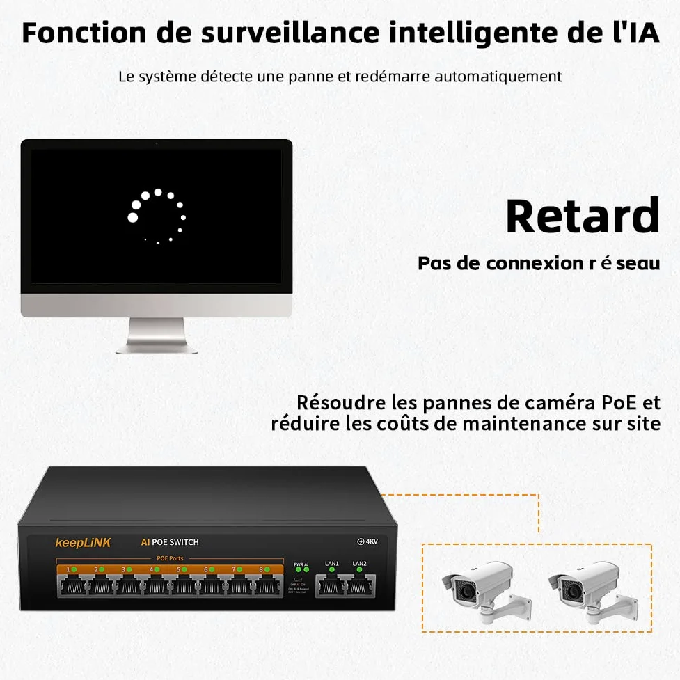 10 Port Gigabit PoE Switch, 8 Ports 1000Mbps PoE+, 2 Ports 1000Mbps Uplink, Puissance intégrée de 120 W IEEE802.3af/at, Plug and Play Non géré en métal sans Ventilateur