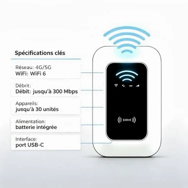 Routeur WiFi Portable 4G/5G WiFi6 300Mbps Débloqué, Modem Poche Compatible Opérateurs FR/EU, Connexion Jusqu'à 30 Appareils, Batterie Longue Durée Voyage Camping Caravan sans Frais d'Itinérance