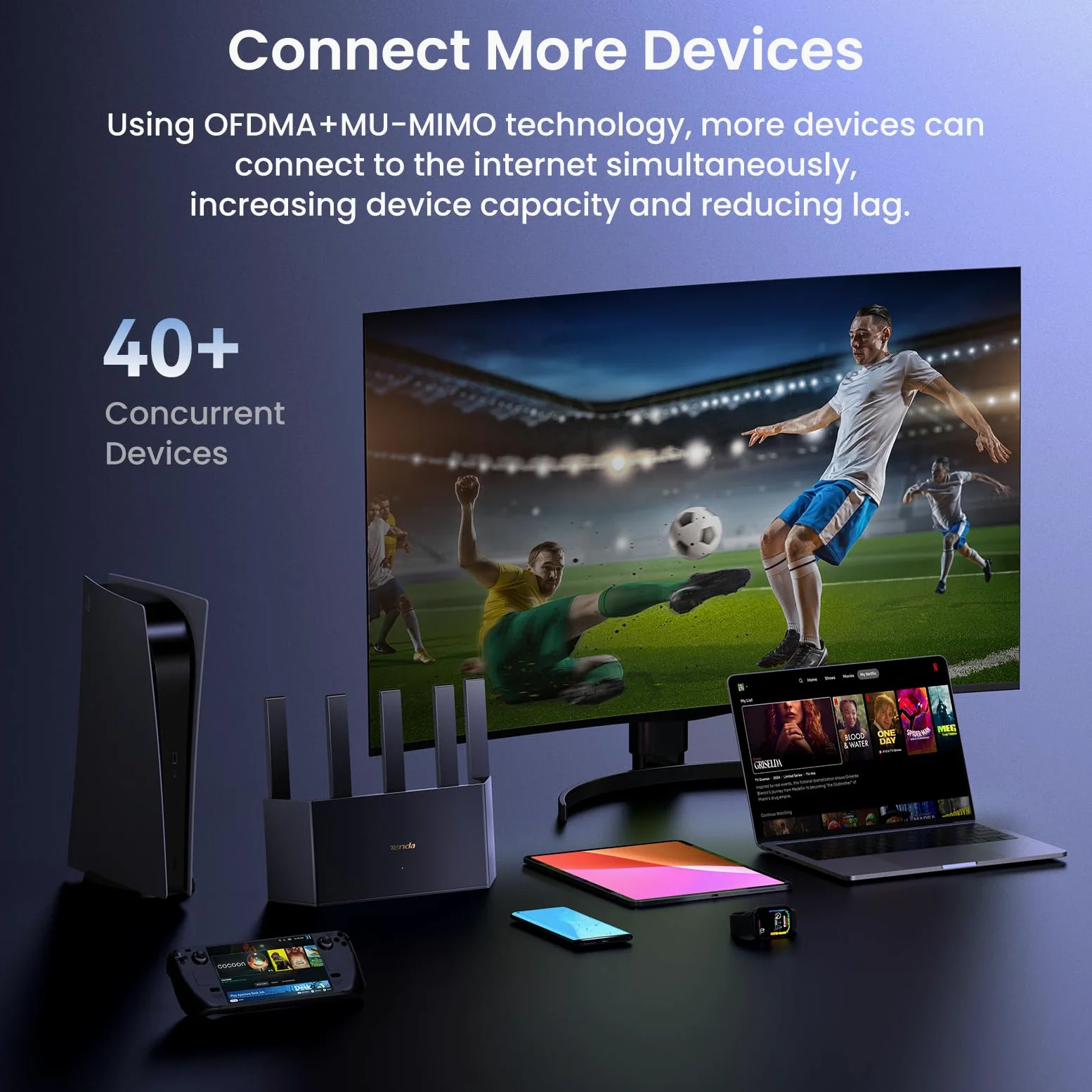 Tenda AX3000 Routeur sans fil double bande pour réseaux domestiques avec 5 antennes à gain élevé avec antennes à gain élevé de 6 dBi, routeur haut débit avec 4 ports Gigabit, prend en charge WPA3, VPN