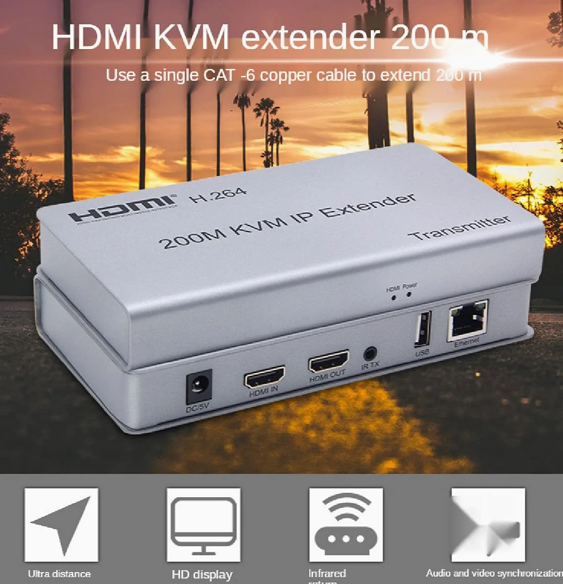 KVM Extenseur IP HDMI 200 m sur IP RJ45 Ethernet CAT6 6A émetteur récepteur 1 TX à 20 RX et connexion en cascade Clavier USB Souris sur UTP/STP H.264 (TX+RX)