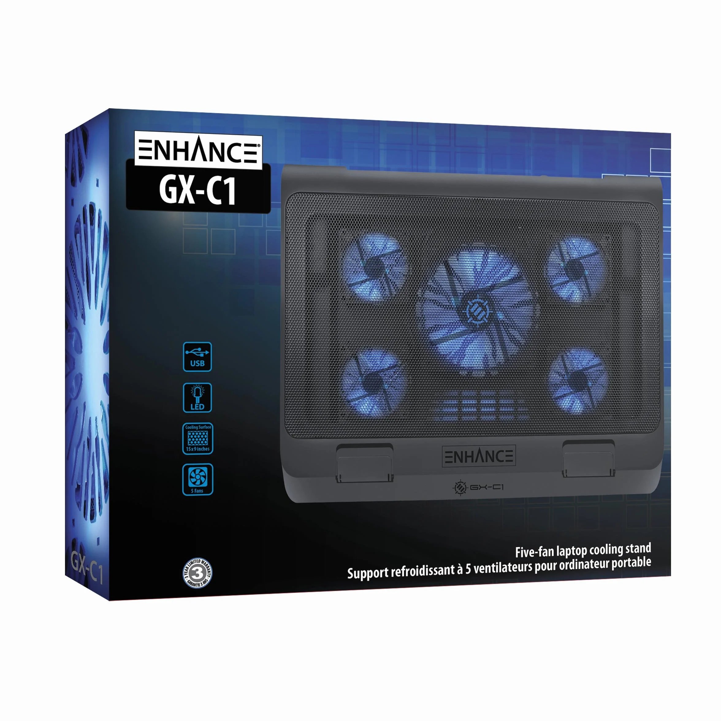 Plaque de Refroidissement PC Portable 5 Ventilateurs LED Bleues 2 Ports USB 40 x 32.4 cm