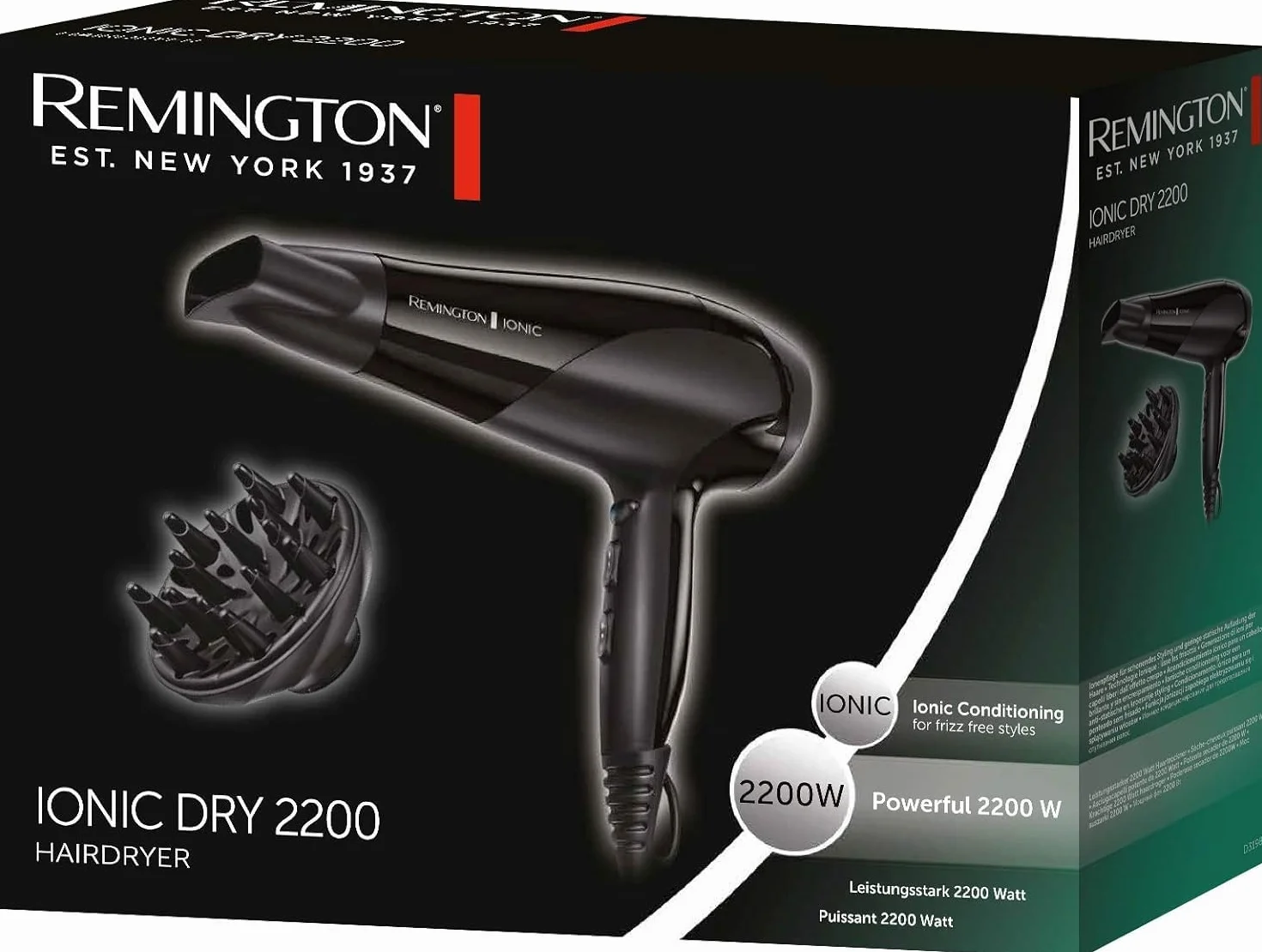 Remington Sèche-cheveux Ionique 2200W Noir D3198, 3 températures 2 vitesses, concentrateur diffuseur