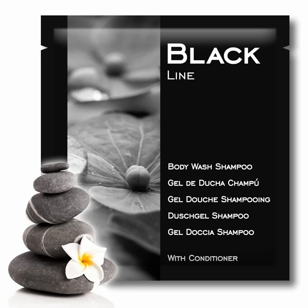 Gel/Shampooing 2en1 BLACK Line 8 gr. 400 Und. 94% Natural Origin Sans Parabènes Fabriqué dans l’UE