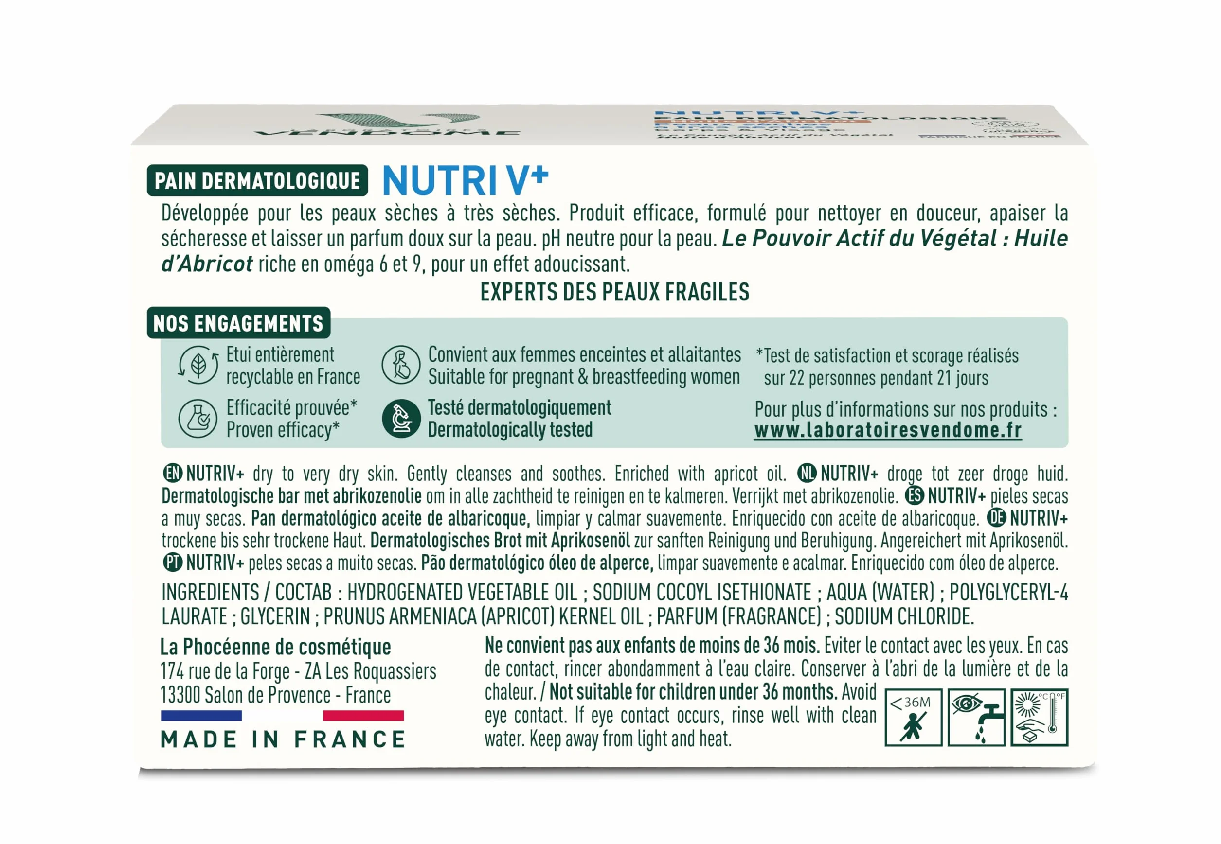 LABORATOIRES VENDÔME NUTRI V+ Pain Dermatologique Huile d'Abricot Corps & Visage 100g Peaux Sèches à Très Sèches