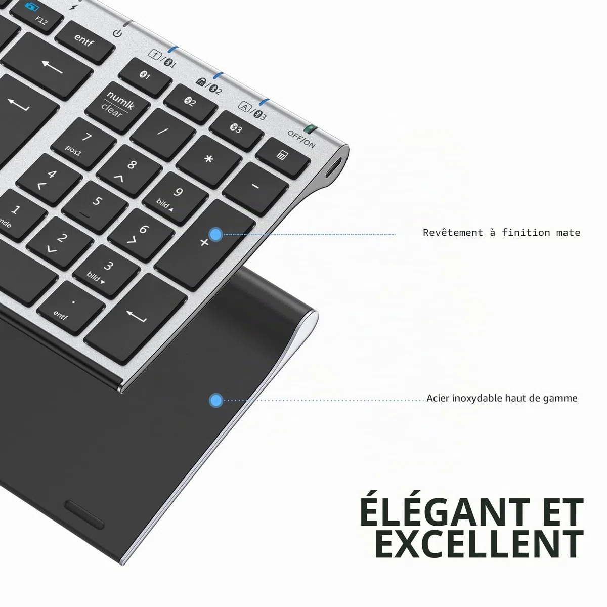 iClever BK10 Clavier Bluetooth sans fil rechargeable avec 3 canaux Bluetooth, connexion stable, design ergonomique ultra fin, clavier sans fil pour iOS, Android, Windows