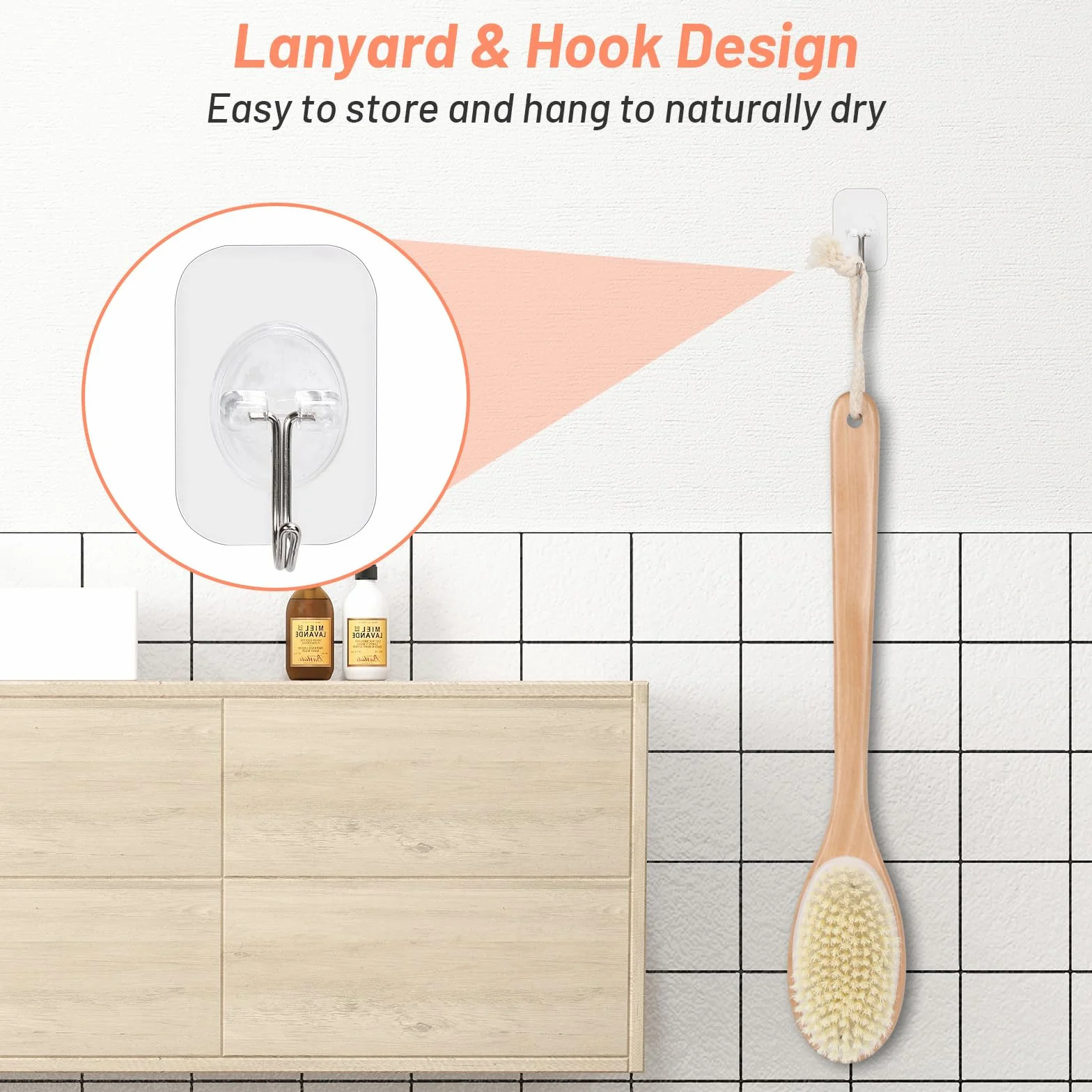 Alyvisun Brosse Dos Douche en Bois avec Manche Long, Brosse Exfoliante Corps Double Face Poils Rigides et Doux