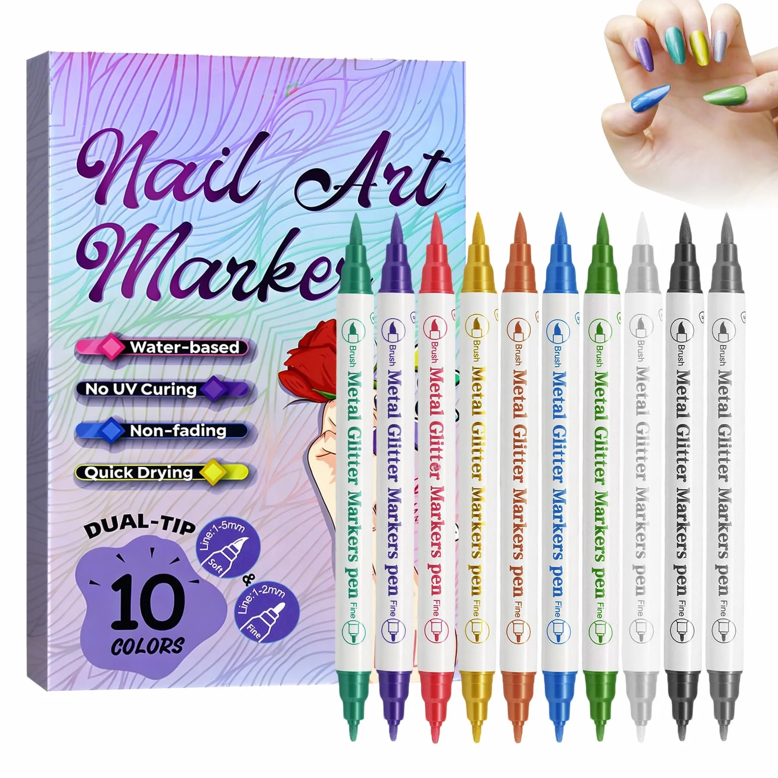 Kit 10 Stylos Vernis à Ongles Double Embout Pinceau Pointe Fine 3D Séchage Rapide Manucure
