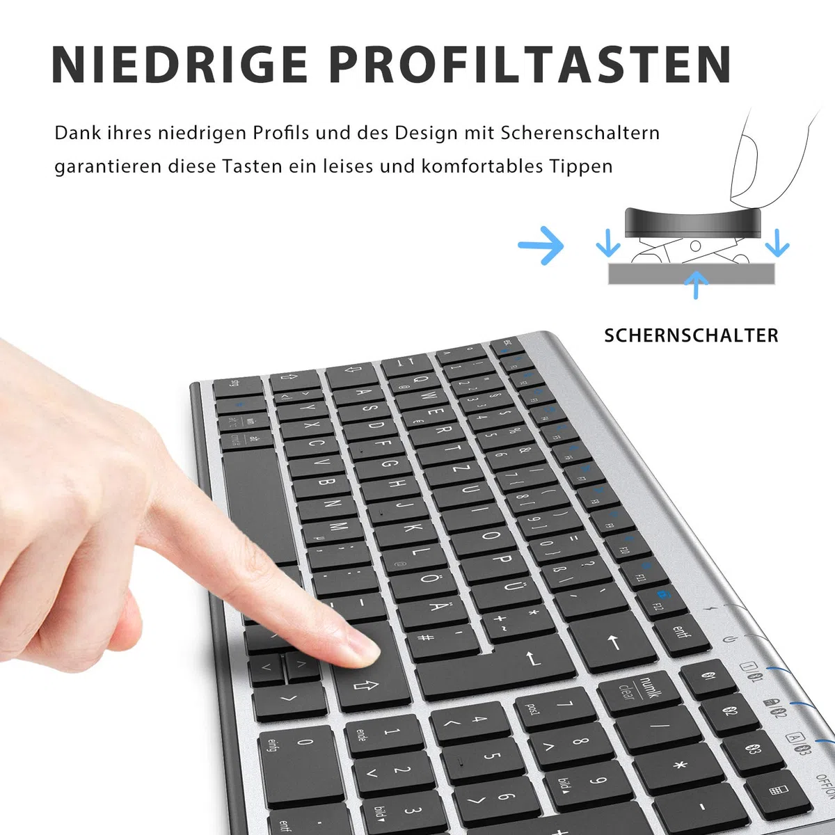 iClever BK10 Clavier Bluetooth sans fil rechargeable avec 3 canaux Bluetooth, connexion stable, design ergonomique ultra fin, clavier sans fil pour iOS, Android, Windows