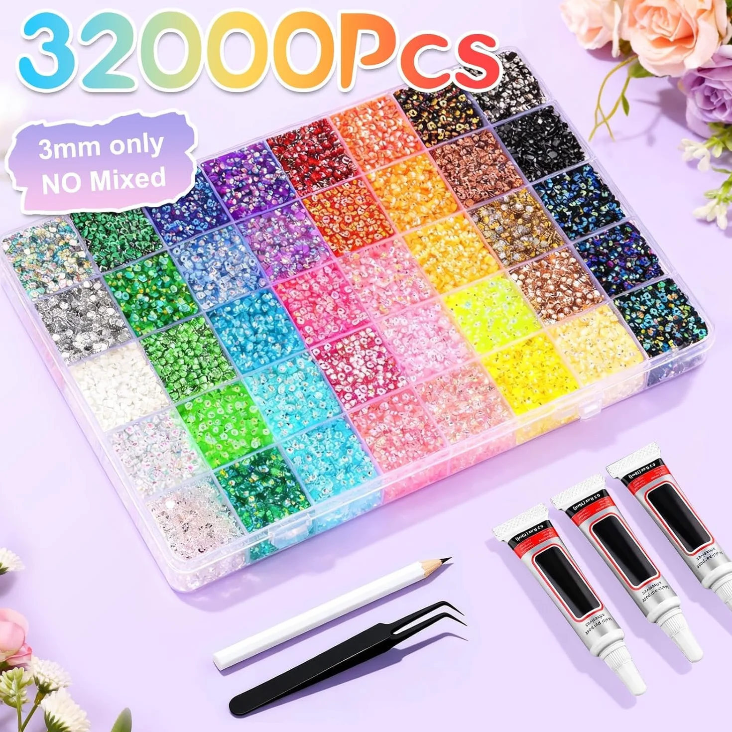 Bedazzling Kit 40 Couleurs 32 000 Pcs Strass à Dos Plat 3mm Pince à épiler DIY Nail Art