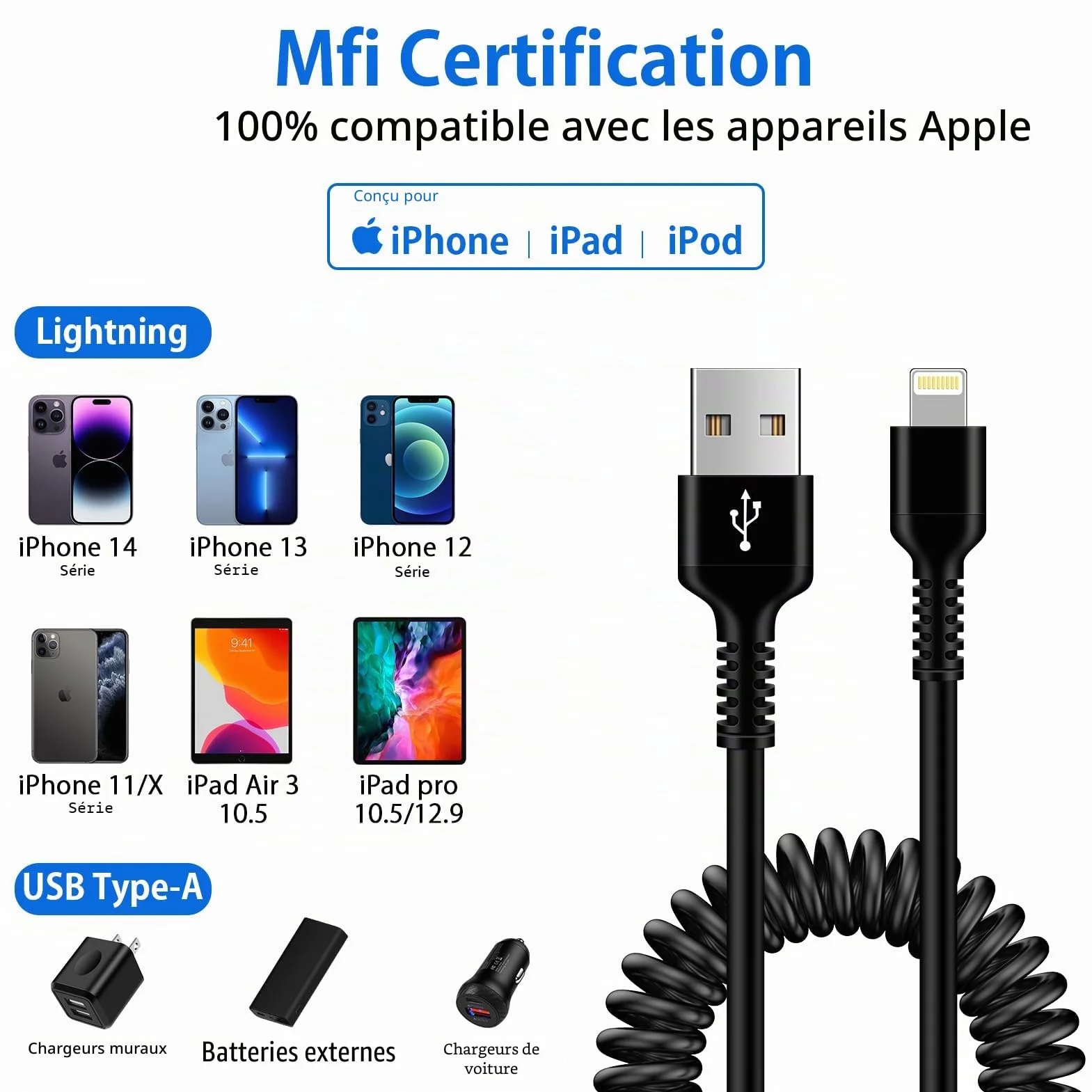 Câble Spiralé USB A vers Lightning MFi pour iPhone Carplay Chargeur Rétractable