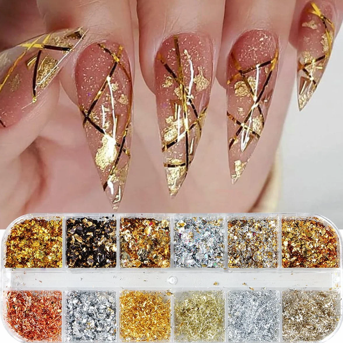 Yamobi Feuille d'or à ongles avec paillettes, 12 boîtes, pour nail art et manucure