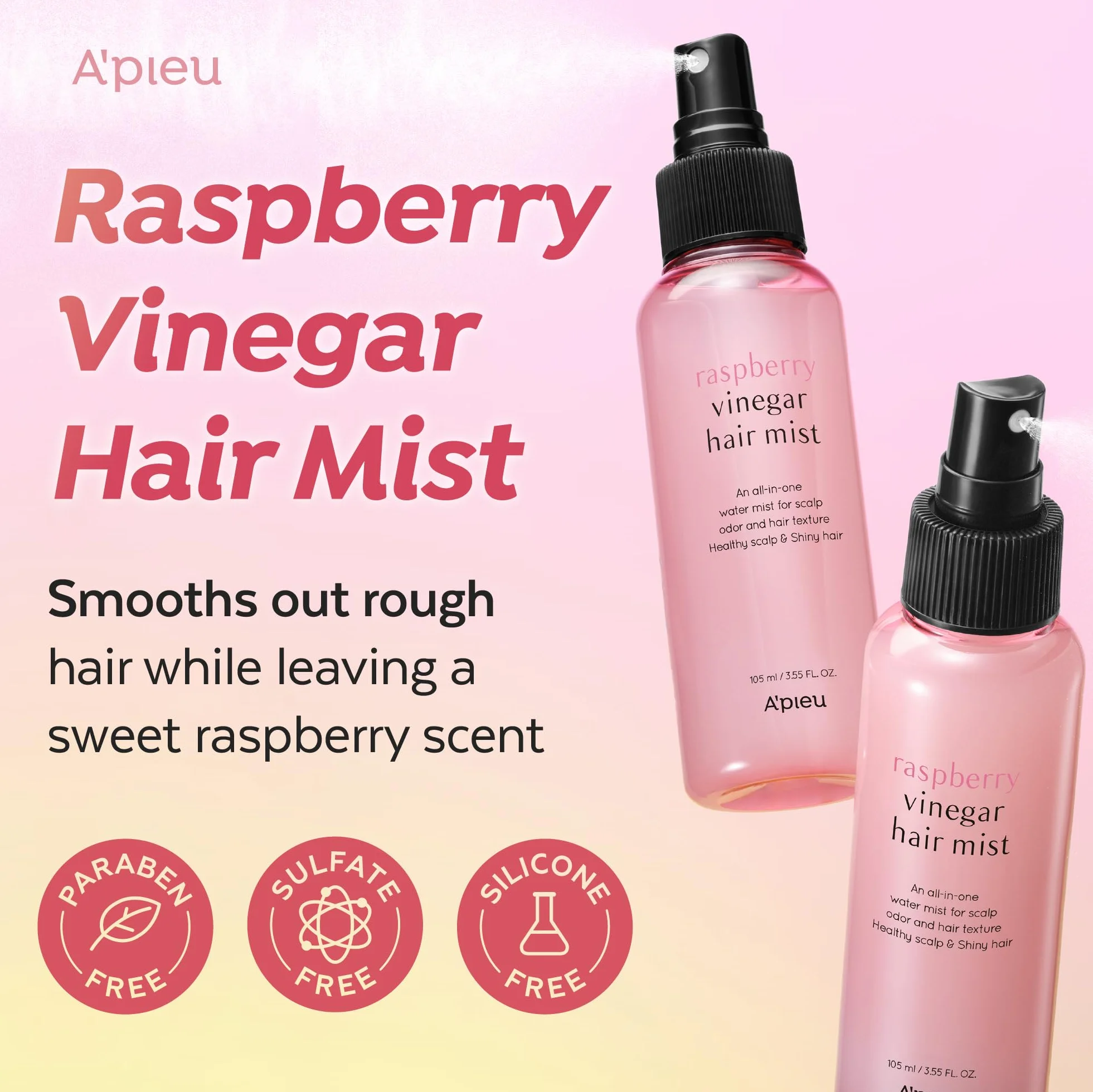 A'PIEU Brume capillaire au vinaigre framboise 105 ml - Soin des cheveux sans frisottis - Parfum floral rafraîchissant non collant