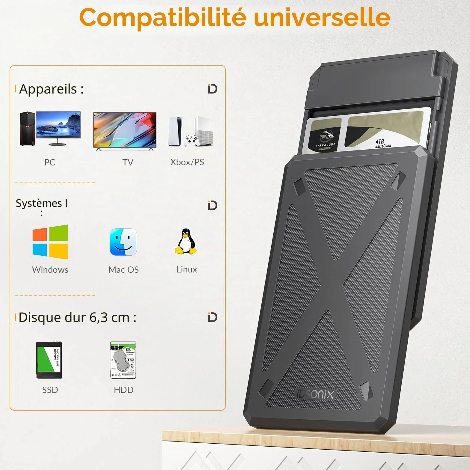 iDsonix Boîtier de Disque Dur 2,5 Pouces USB 3.0 SATA III Externe sans Outil pour SSD HDD 7mm/9.5mm Noir