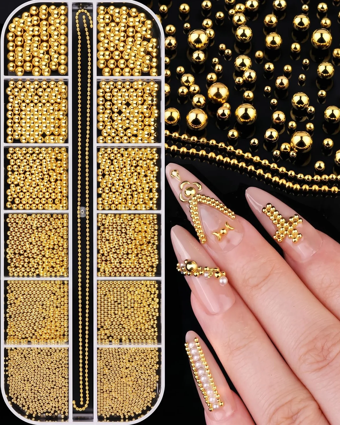 Boîte Perles Acier Doré pour Ongles, Coffret 12 Compartiments 0.6-2.0mm + Chaînes Or, Assortiment Multi-Tailles Nail Art 3D