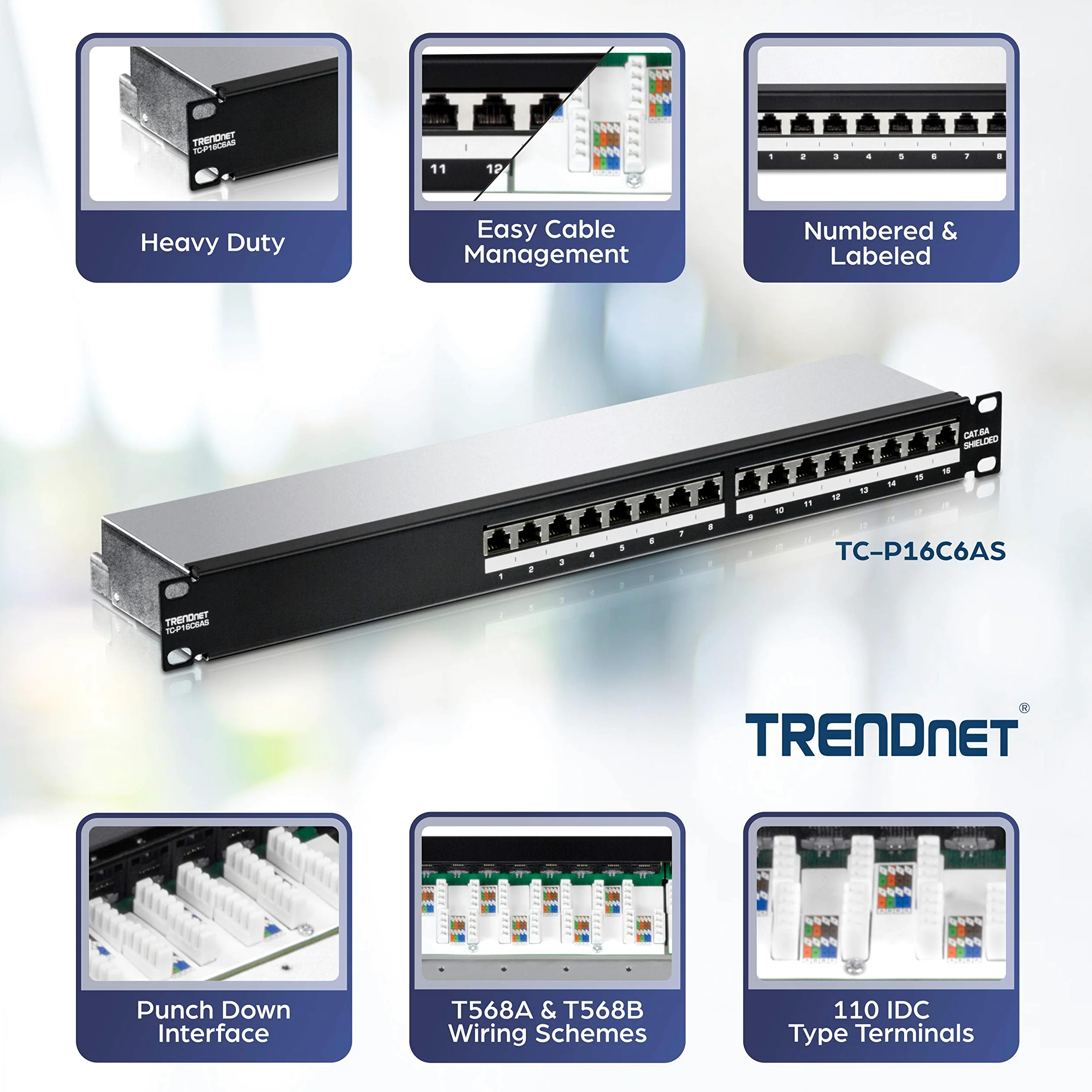 TRENDnet, TC-P16C6AS, Panneau de Brassage blindé 16 Ports Cat6A, boîtier métallique 1U 19", Compatible 10G, Compatible avec Les câbles Ethernet Cat5e / Cat6 / Cat6A, Gestion des câbles