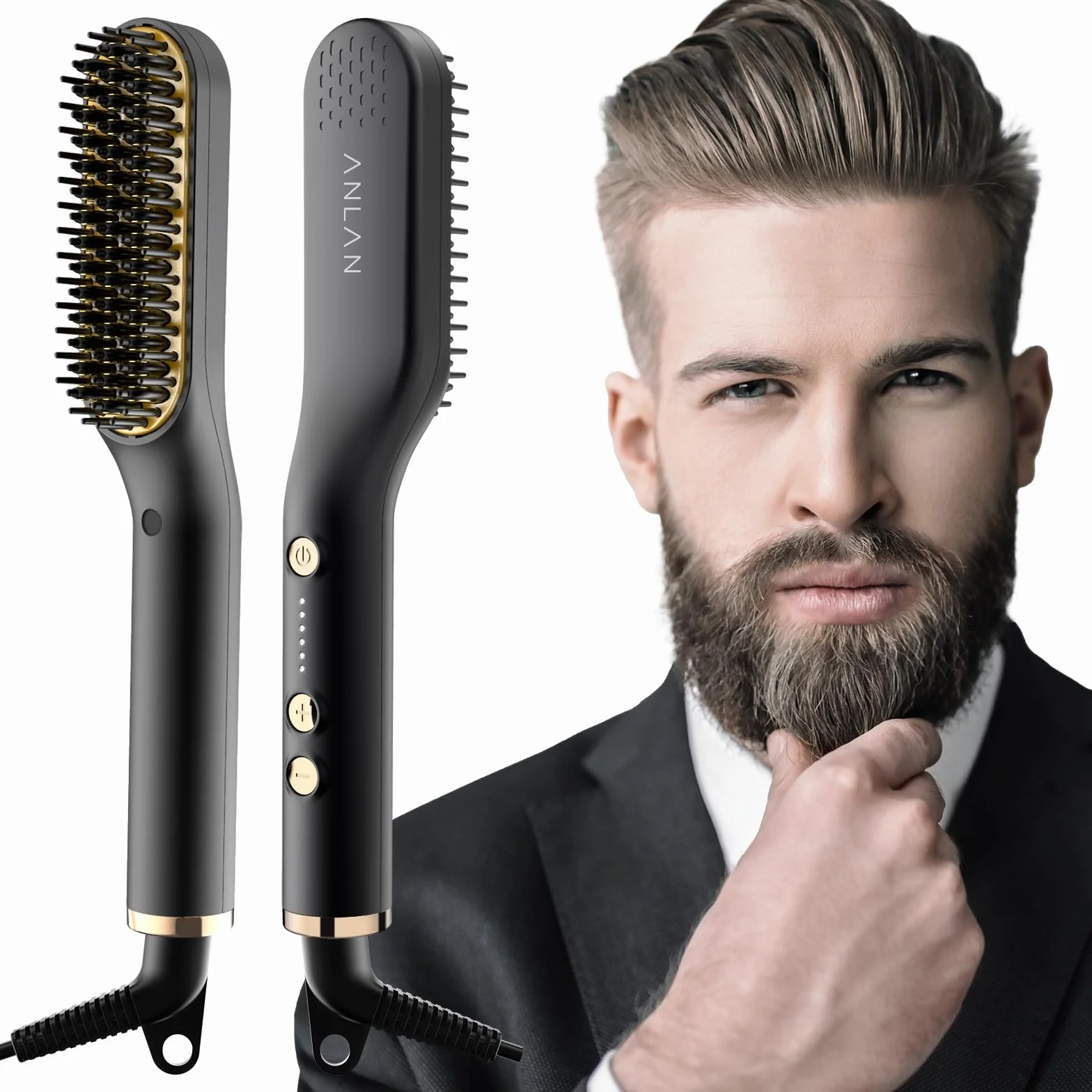 ANLAN Lisseur Barbe 2 en 1 Brosse Lissante Cheveux Professionnel Température Réglable 120°C-200°C Chauffage Rapide 30 Secondes