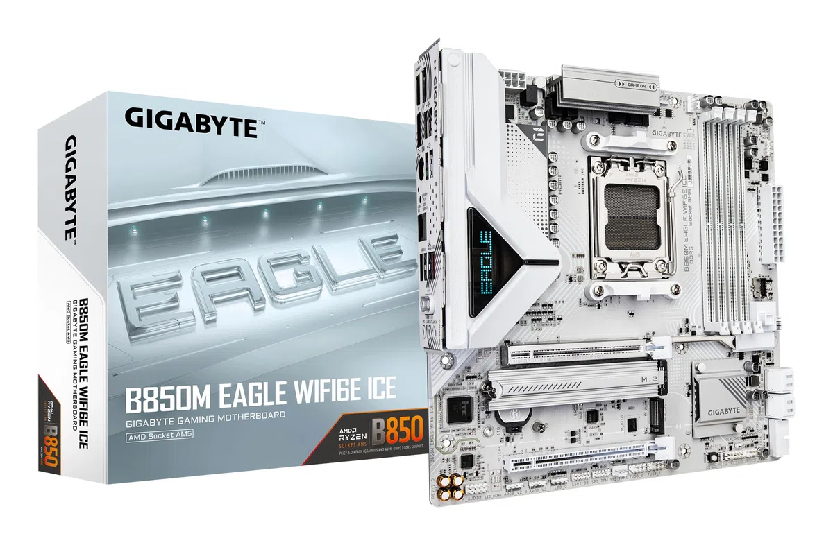 GIGABYTE B850M Eagle WIFI6E Ice Carte Mère – Processeurs AMD Ryzen série 9000, VRM numérique 8+2+2 Phases, Jusqu’à 8200 MHz DDR5 (OC), 1 x M.2 PCIe 5.0 + 1 x PCIe 4.0, Wi-FI 6E, LAN 2.5 GbEa