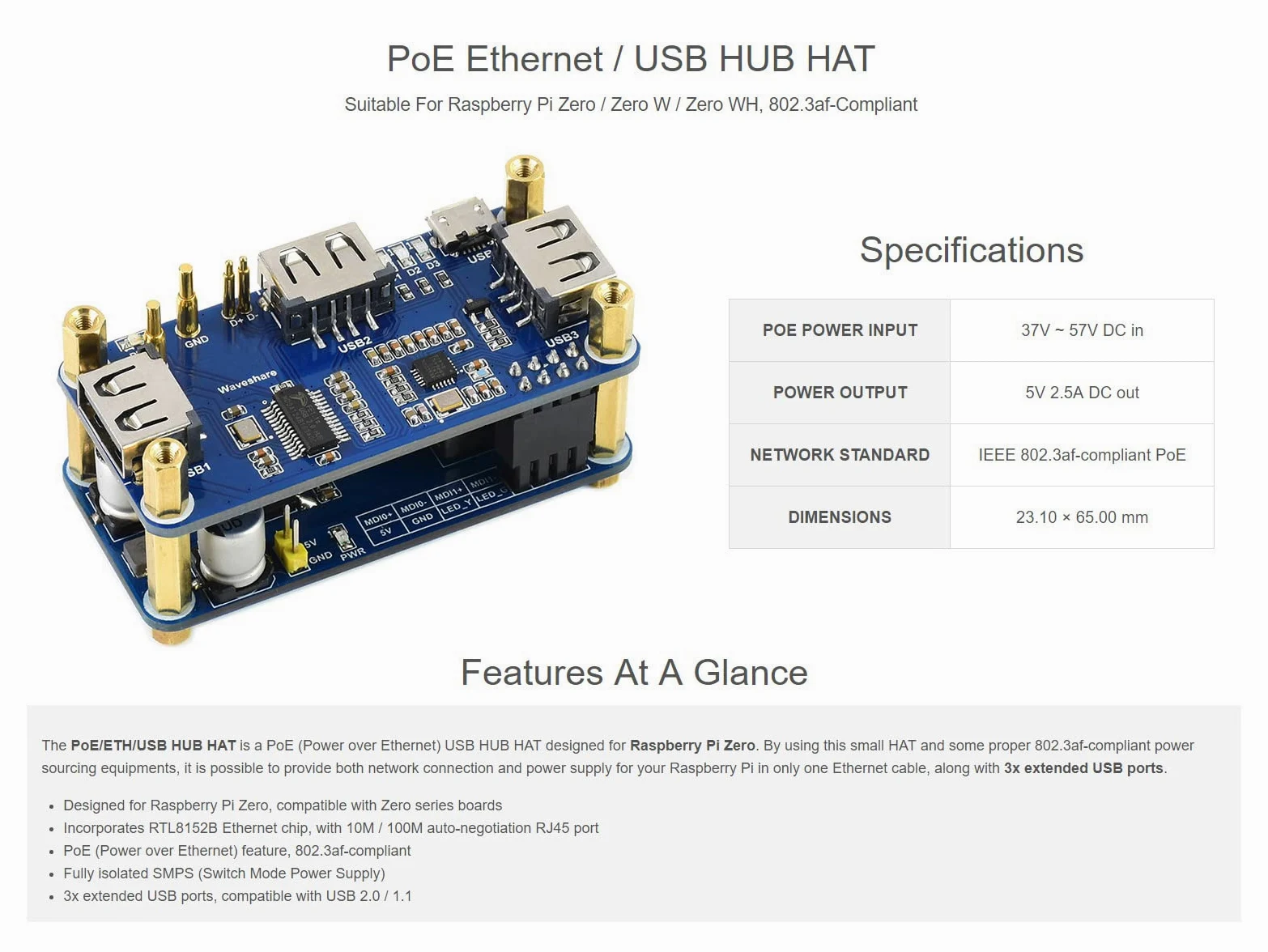 Waveshare PoE Ethernet/USB HUB Hat for Raspberry Pi Zero/Zero W/4B/3B/3B+, 3X USB 2.0 Ports 802.3af-Compliant