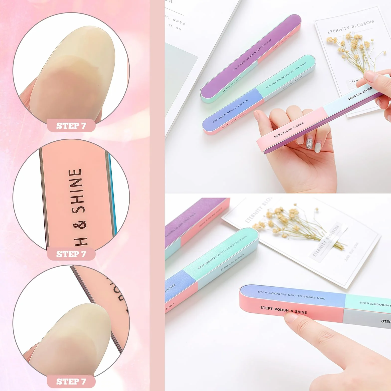Yamobi 6 pièces Lime à ongles 4 faces pour ongles naturels, blocs de polissage en gel, lavables