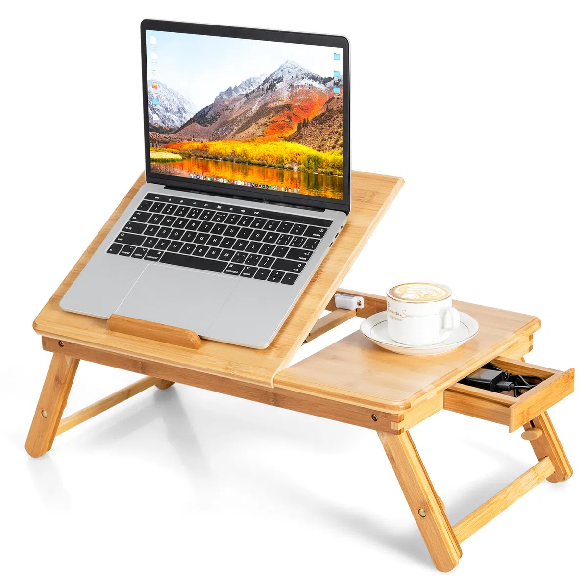 LIFEZEAL Table de Lit Pliable en Bambou, Plateau Inclinable, Hauteur Réglable, Support Ordinateur Portable Avec Trous de Refroidissement, Tiroir, 53x33x20-26,5 cm, Naturel