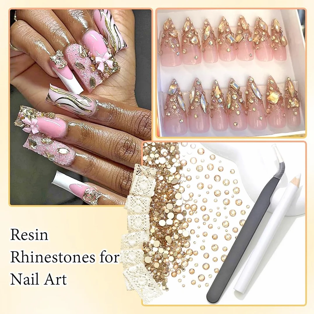Strass Nail Art 1440 Gems à Dos Plat Rond Cristal 6 Tailles avec Pincette Pick Up Stylo Pointeur Champagne Doré