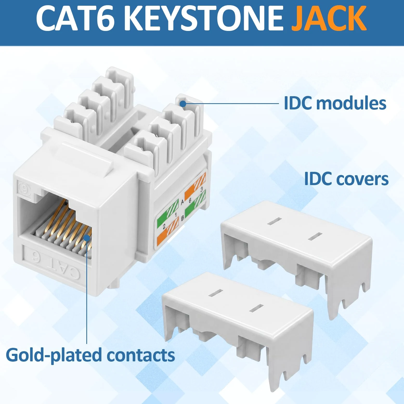 Hoteam Lot de 125 prises Keystone Cat6, coupleur modulaire Ethernet RJ45, connecteur UTP à 90 degrés pour plaque murale, panneau et boîtier de montage en surface (blanc)