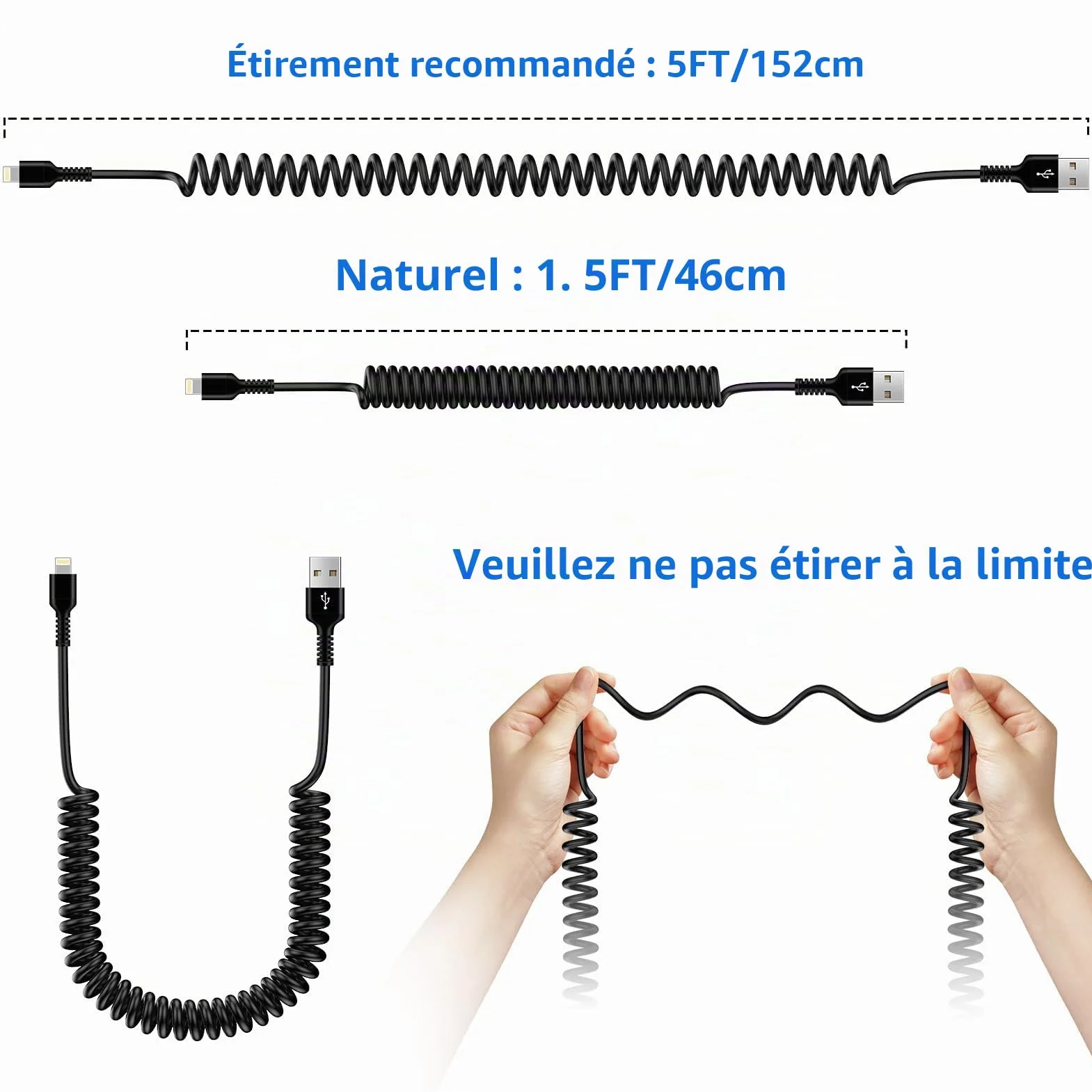 Câble Spiralé USB A vers Lightning MFi pour iPhone Carplay Chargeur Rétractable