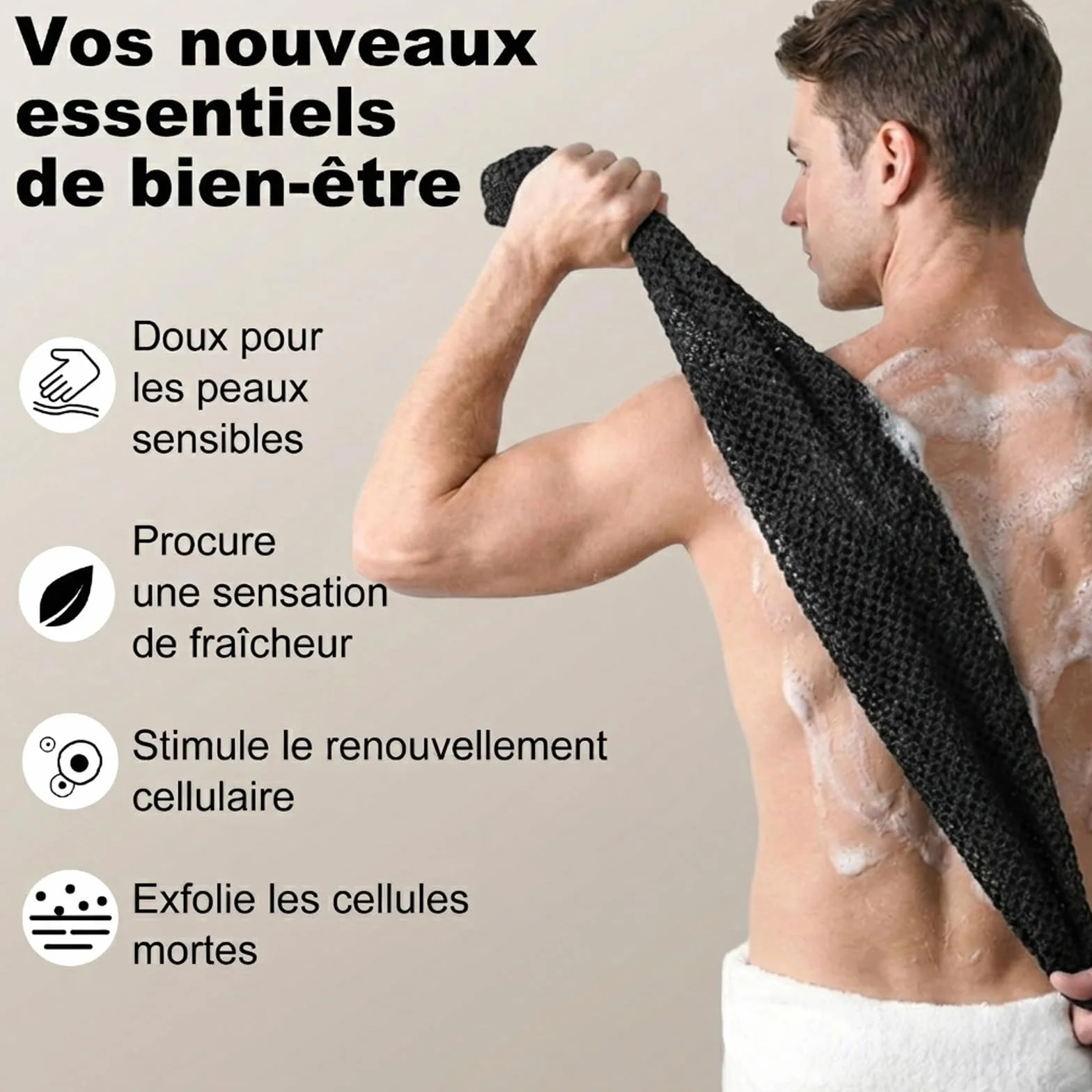 Serviette de Douche Exfoliante Ecovia Fibres de Bambou Charbon Actif Exfoliation Douce Séchage Rapide Noir
