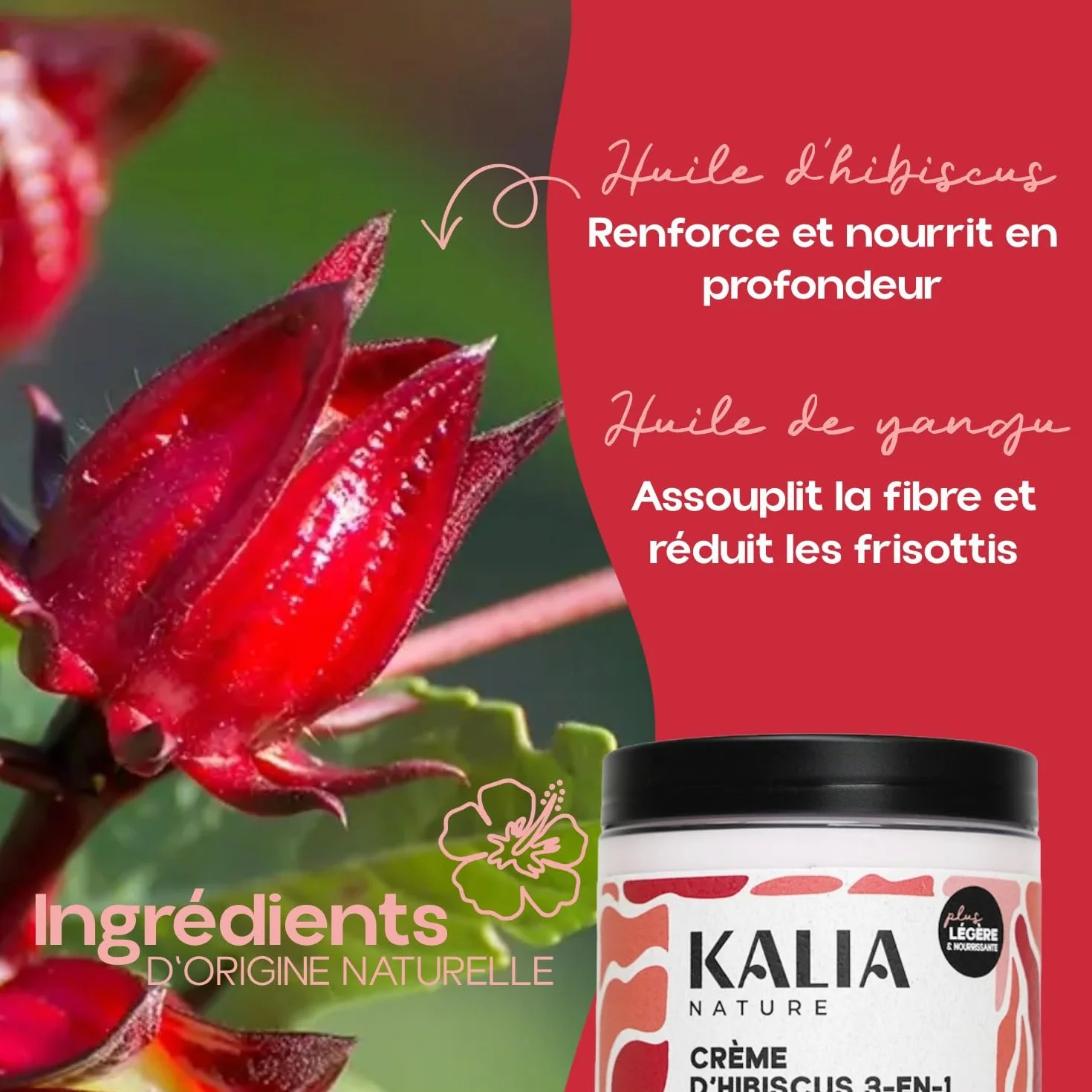 Kalia Nature Crème d’Hibiscus 300 ml Crème cheveux bouclés 3-en-1 Leave in Soin capillaire naturel