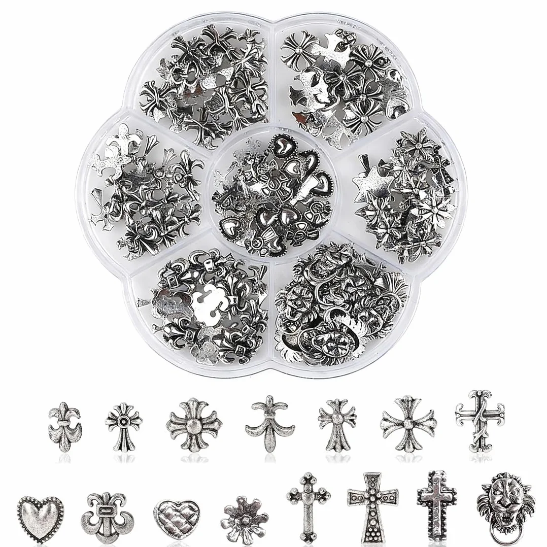 75 Pièces Breloques pour Ongles Croix Argent Charme Coeurs Gothiques Rétro Punk Crânes Manucure Nail Art