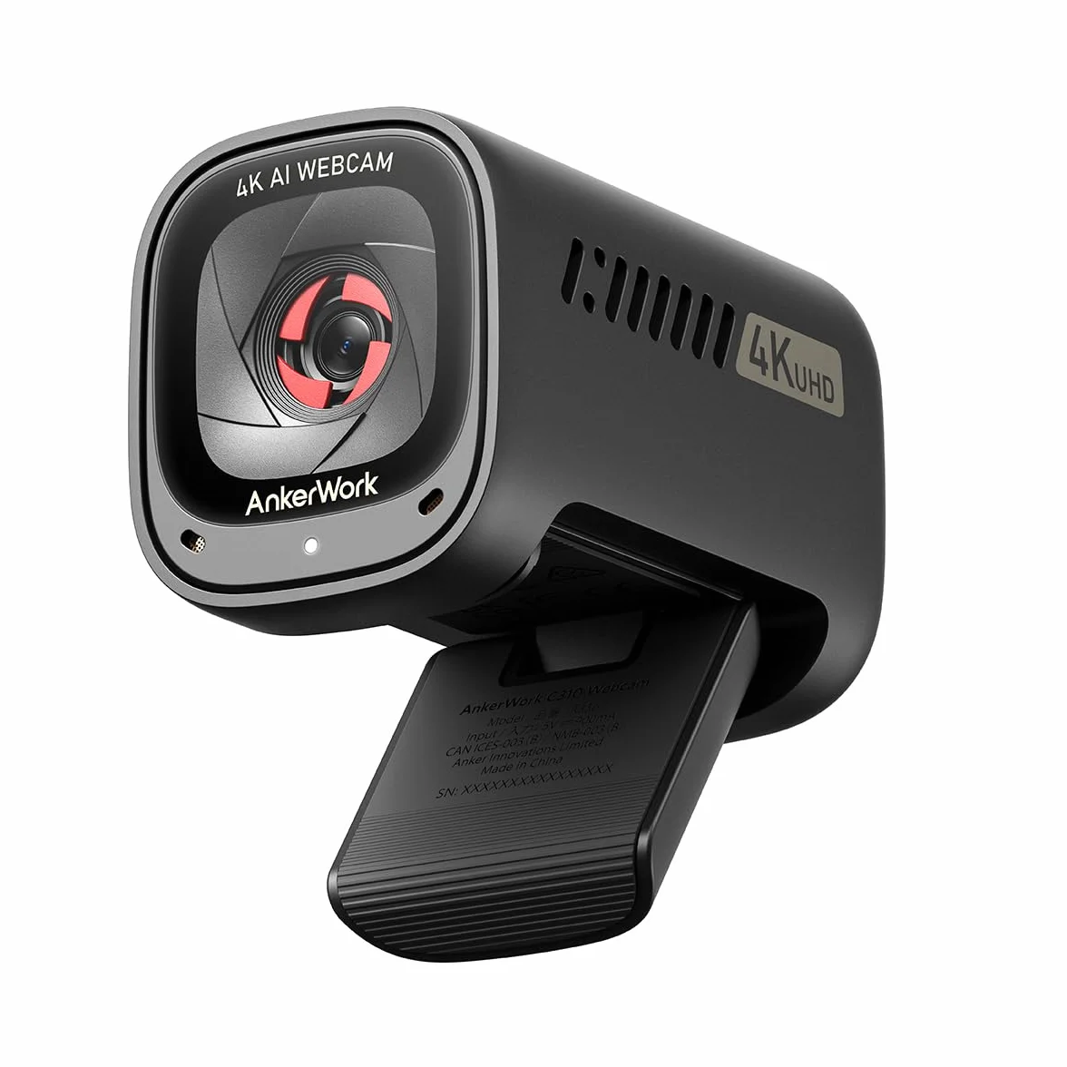 AnkerWork C310 Webcam 4K 12MP AI Auto Focus Framing Noise Canceling Mic Privacy Cover Adjustable FOV HDR Reconditionné