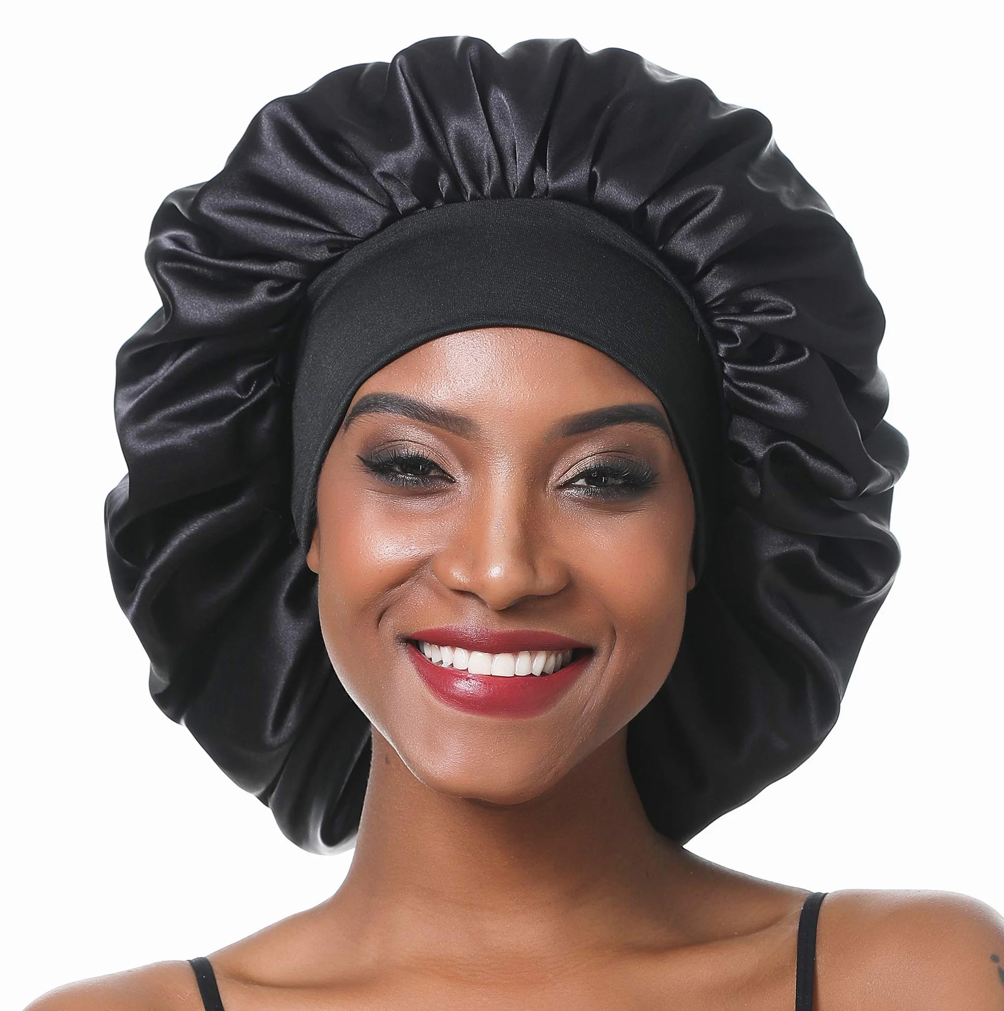 Bonnet de Nuit en Satin élastique à Large bande pour Femme Cheveux Longs Bouclés (L, Noir)