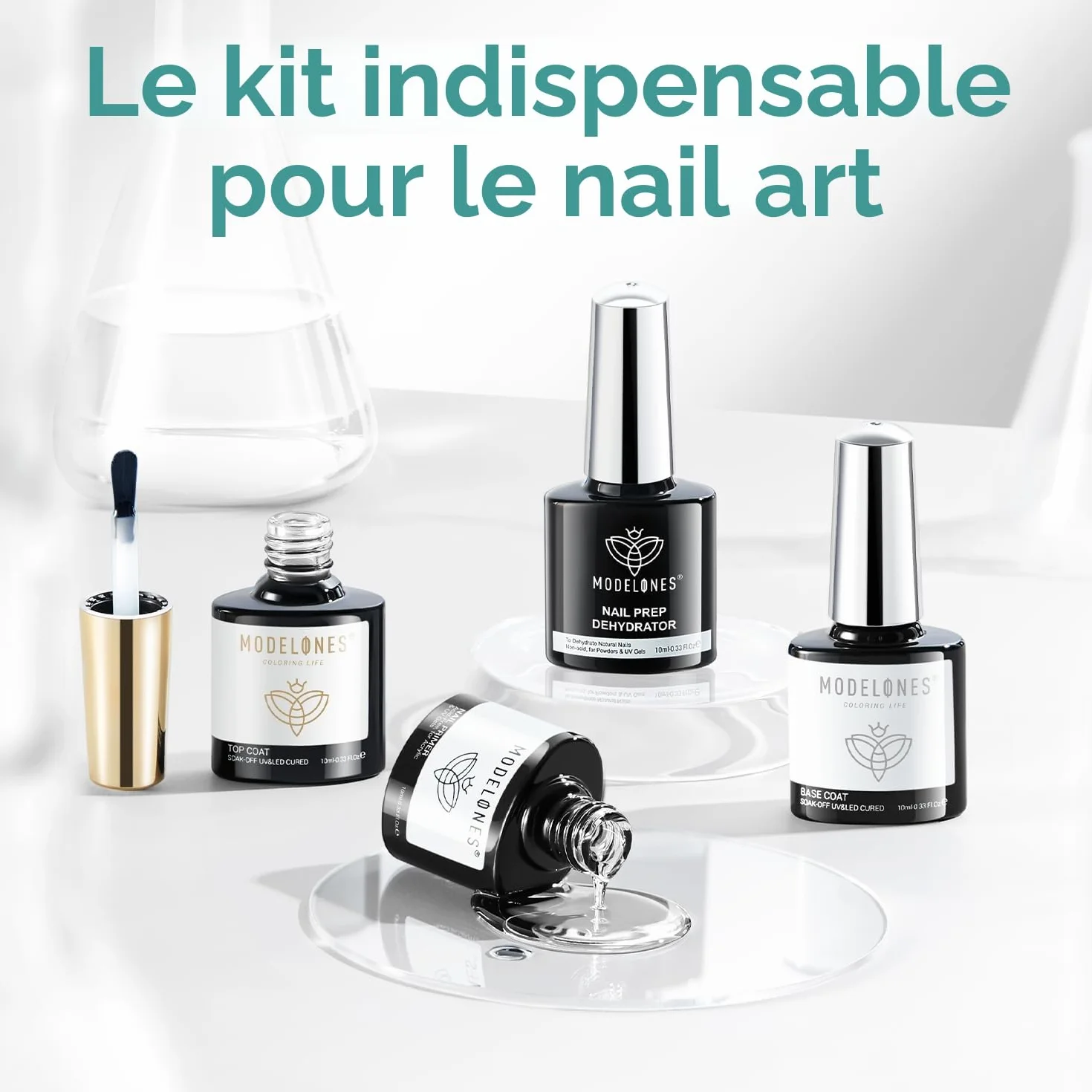 Modelones Base et Top Coat Vernis Semi Permanent Kit UV Gel Ongle 10 ml 4pcs