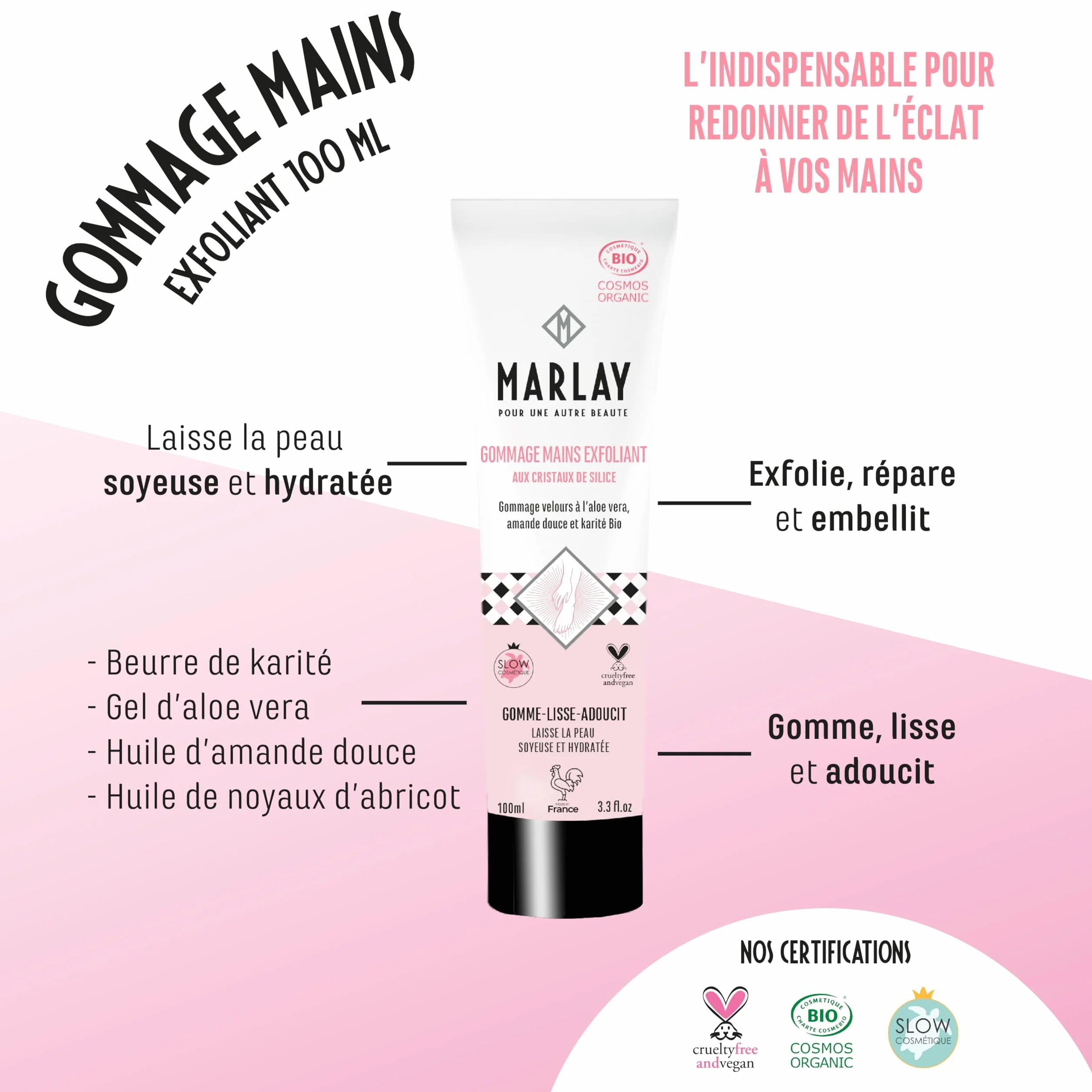 Marlay Cosmetics Gommage Mains Exfoliant 100 ml Peeling Mains Crème Exfoliante Bio Aloe Vera Beurre Karité Cristaux de Silice